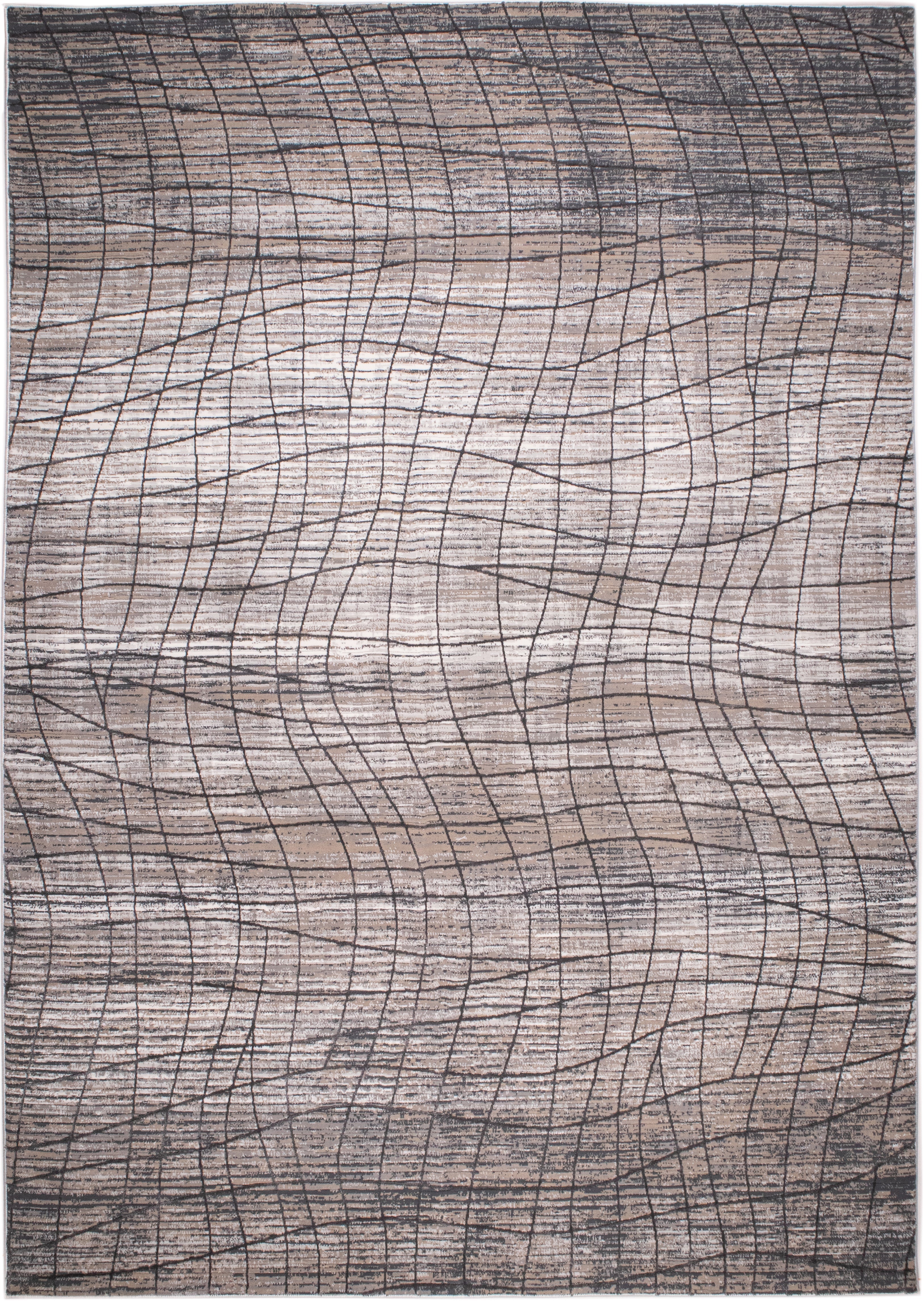 Crème Rug with Mocha & Beige Abstract Design and Charcoal Checker High-Low Pattern - METZ 4204.