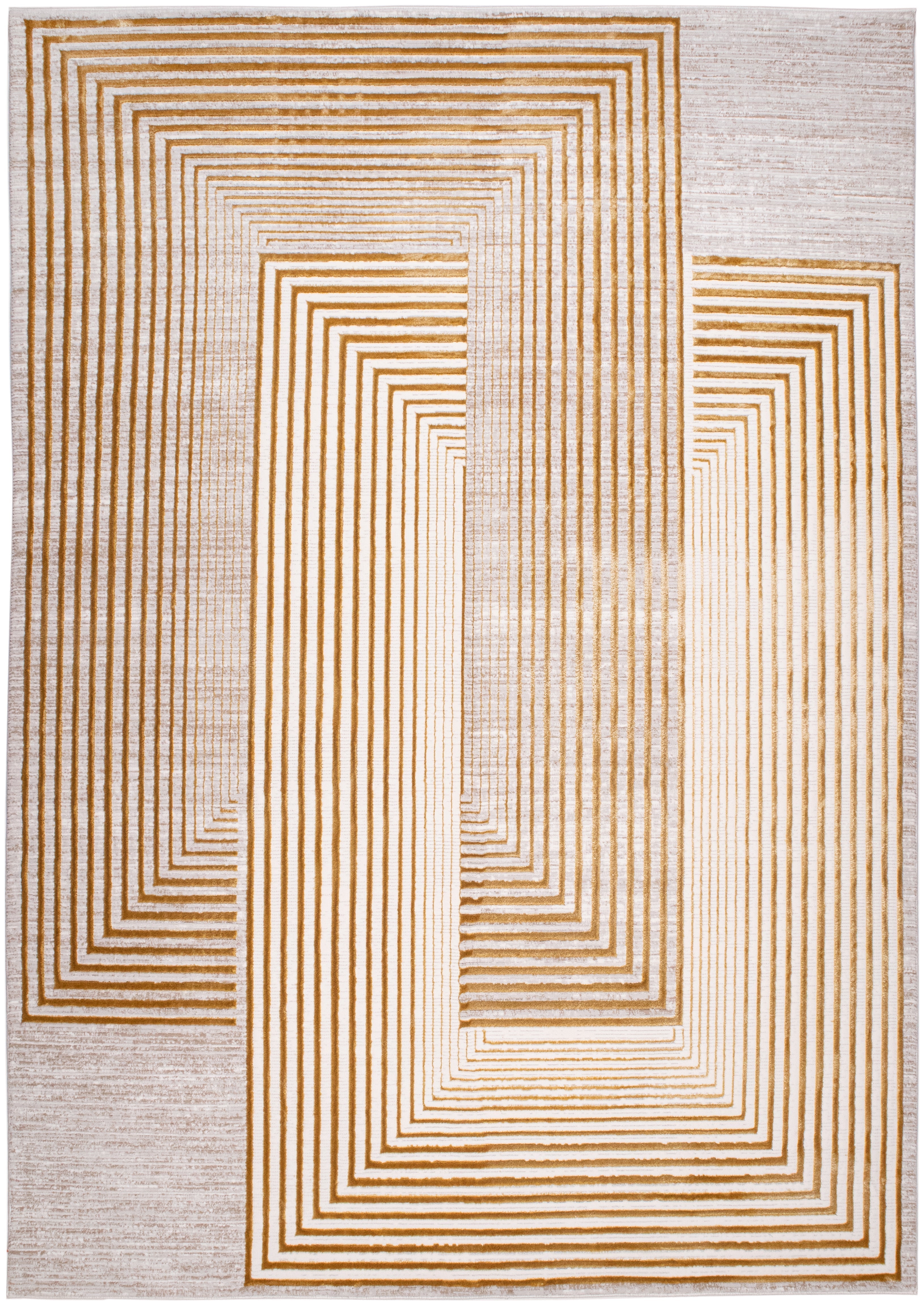 Abstract Crème Beige Rug with Gold Bronze Geometrical Double Stacked Square High-Low Design - METZ 4207.