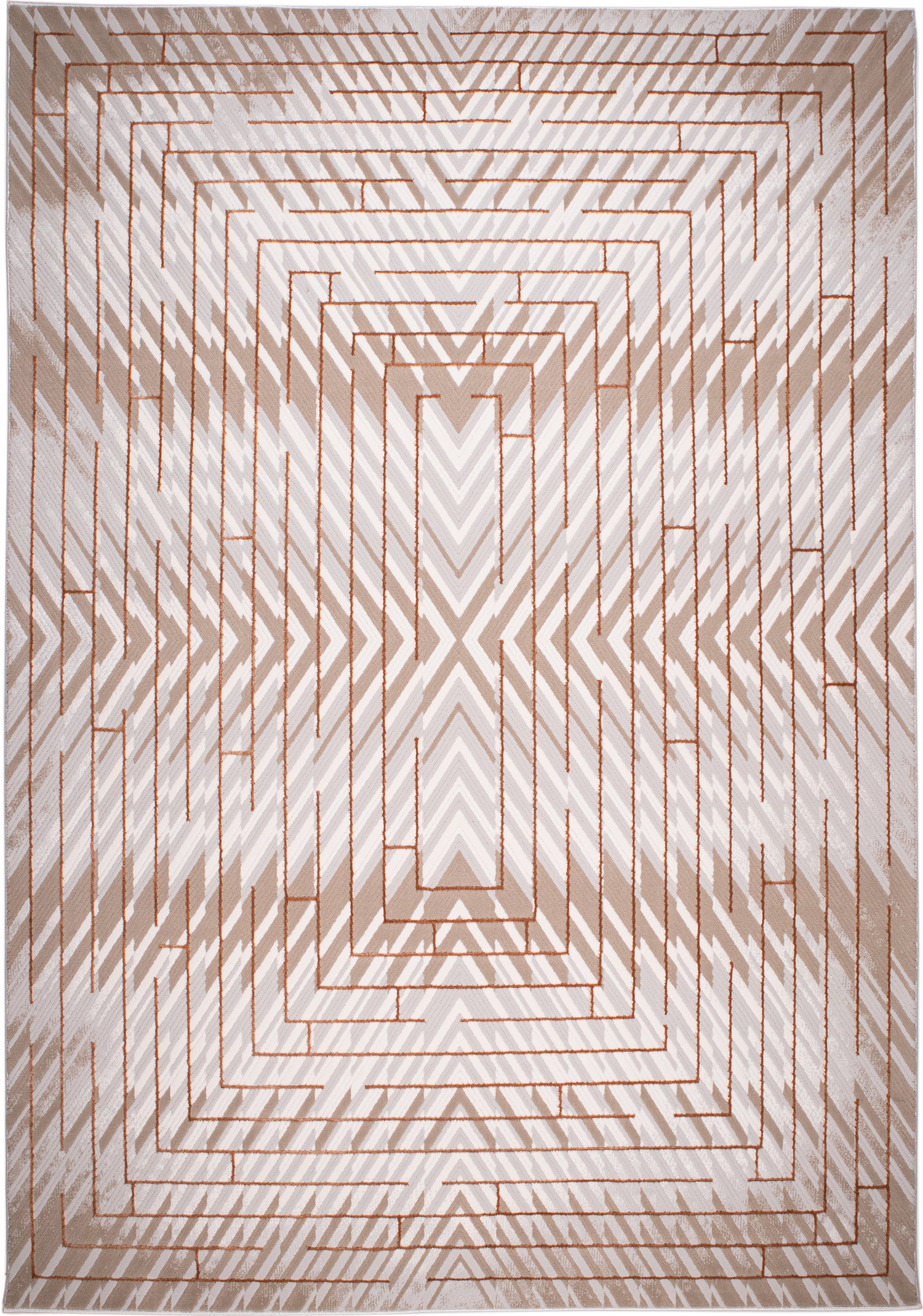 Crème Rug with Mocha & Taupe Abstract and Brick Tone-on-Tone Geometric High-Low Design - METZ 4208.