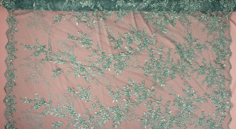 Beaded Floral Lace Fabric Embroidered on 100% Polyester Net Mesh | Lace USA - GD-18614