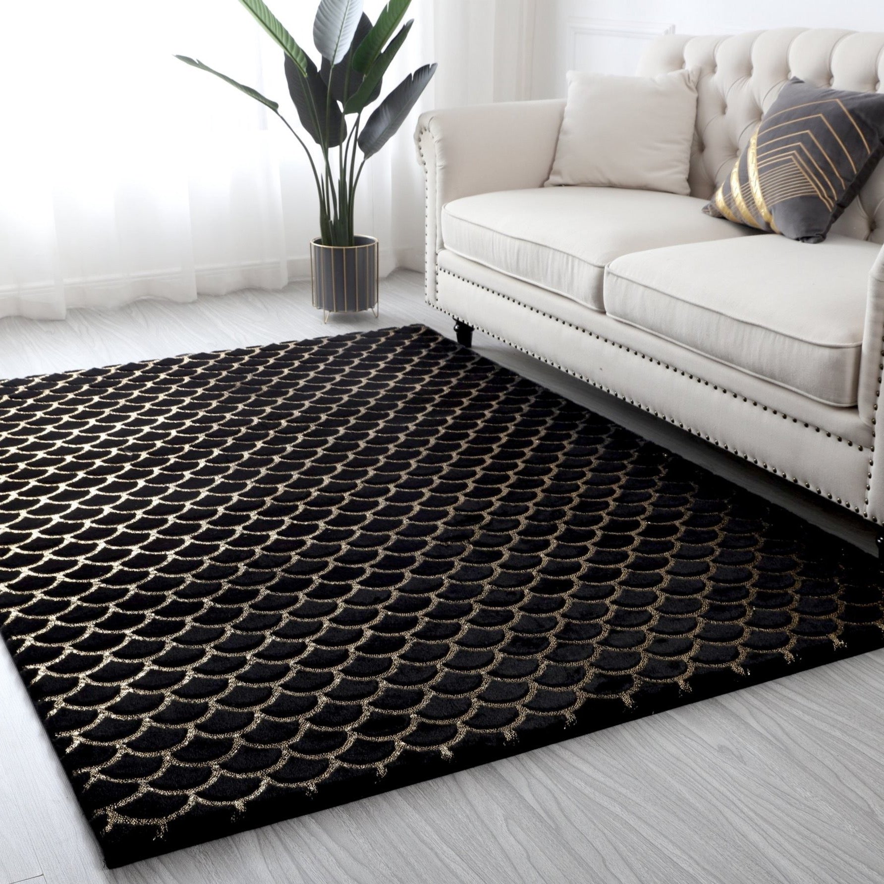 Enchanting Black Mermaid Half Moon Rug with Shimmery Golden Metallic Faux Fur Chinchilla Touch