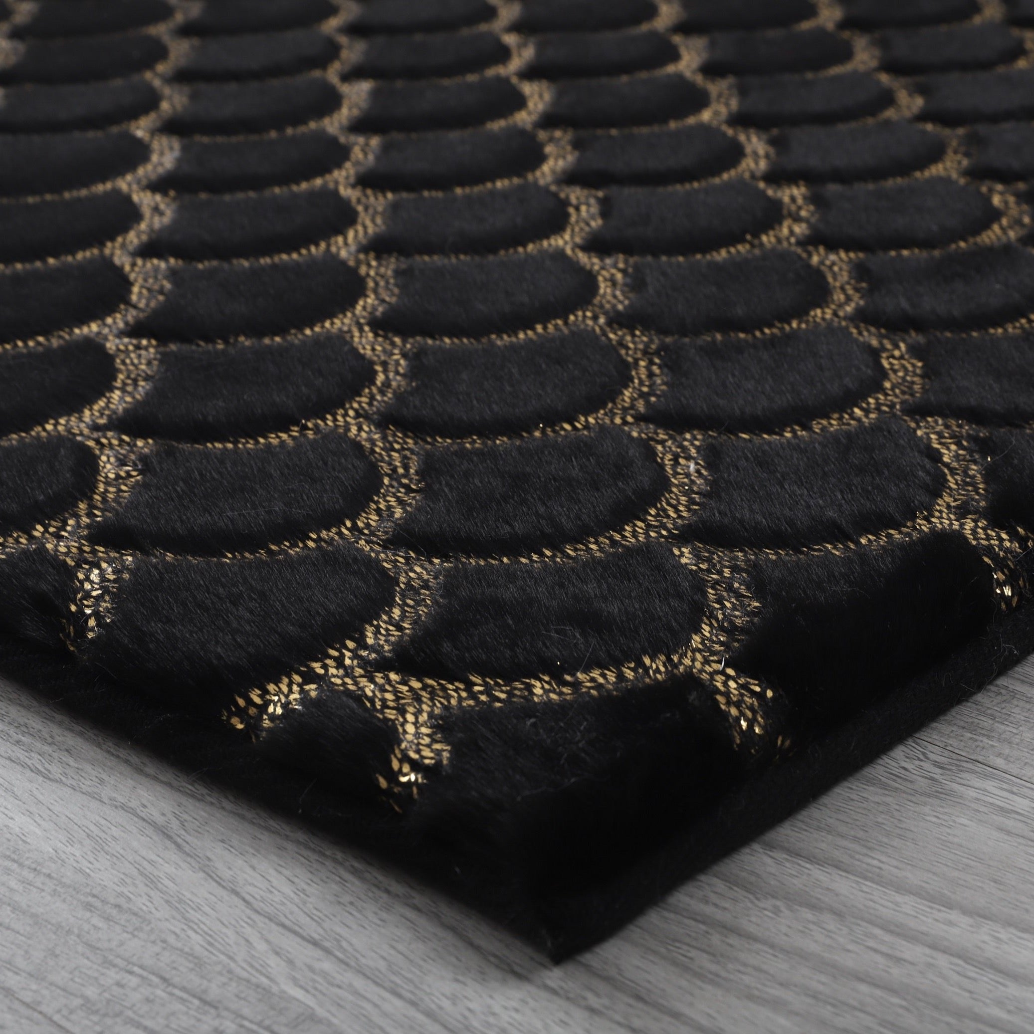 Enchanting Black Mermaid Half Moon Rug with Shimmery Golden Metallic Faux Fur Chinchilla Touch