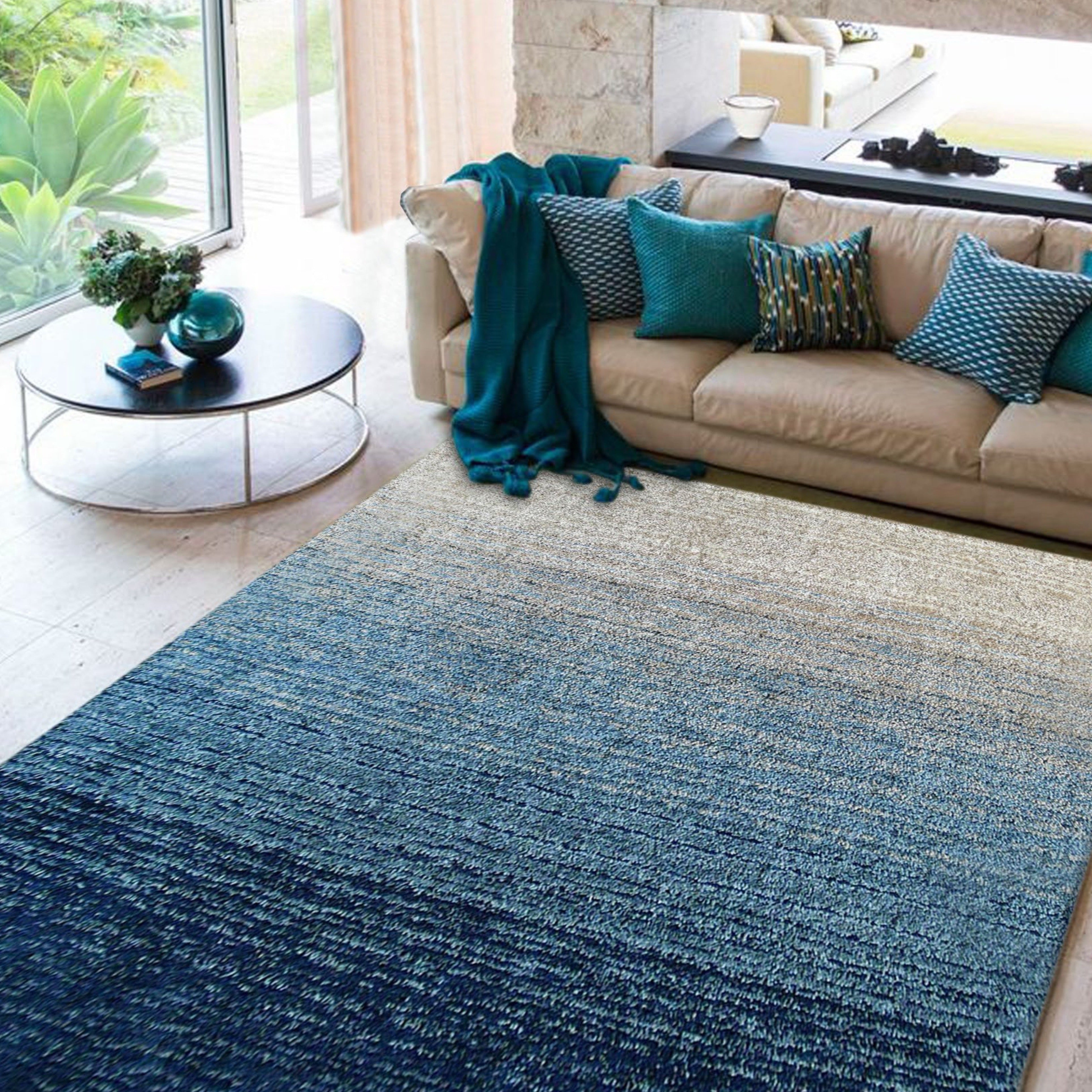 Fading Colors Blue Shade Shag Area Rug Hand Tufted