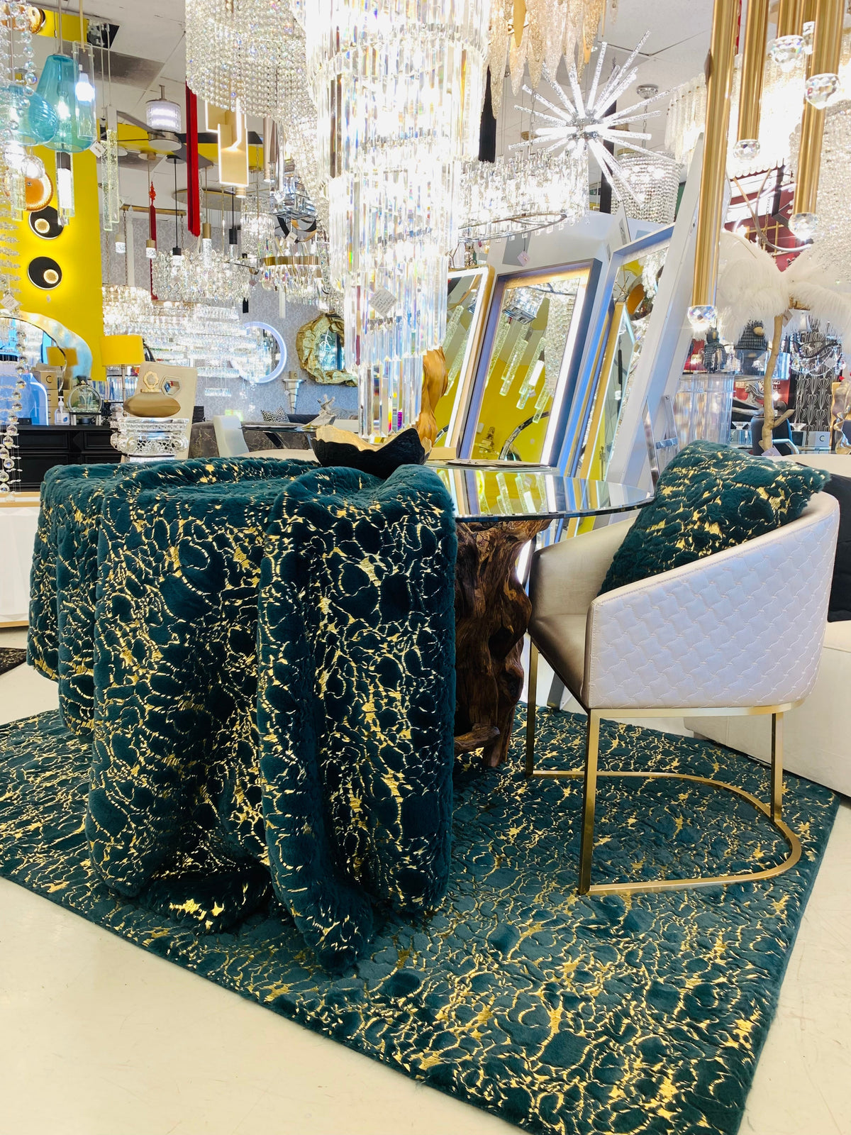 Hunter Green With Golden Metallic Shimmery Design Faux Rabbit Touch Rugs