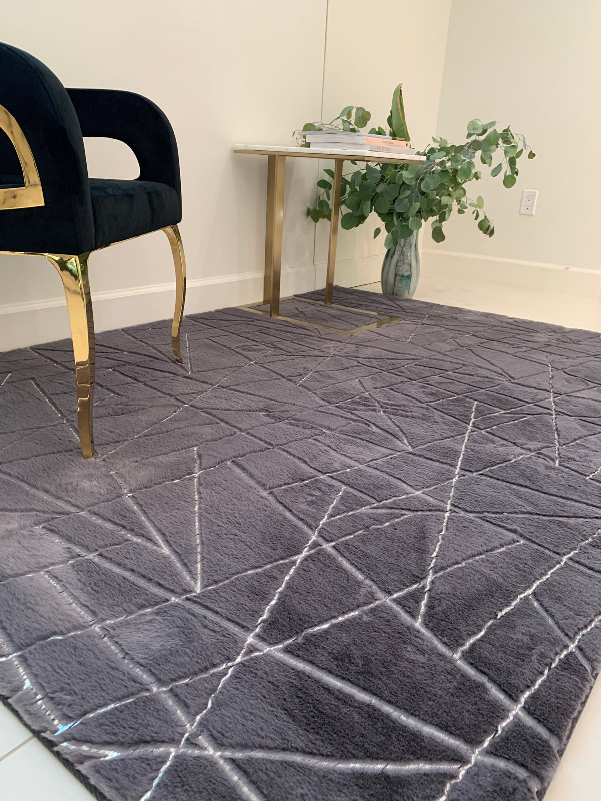 Charcoal Lines with Silver Metallic Shimmery Design Faux Rabbit Touch Rug