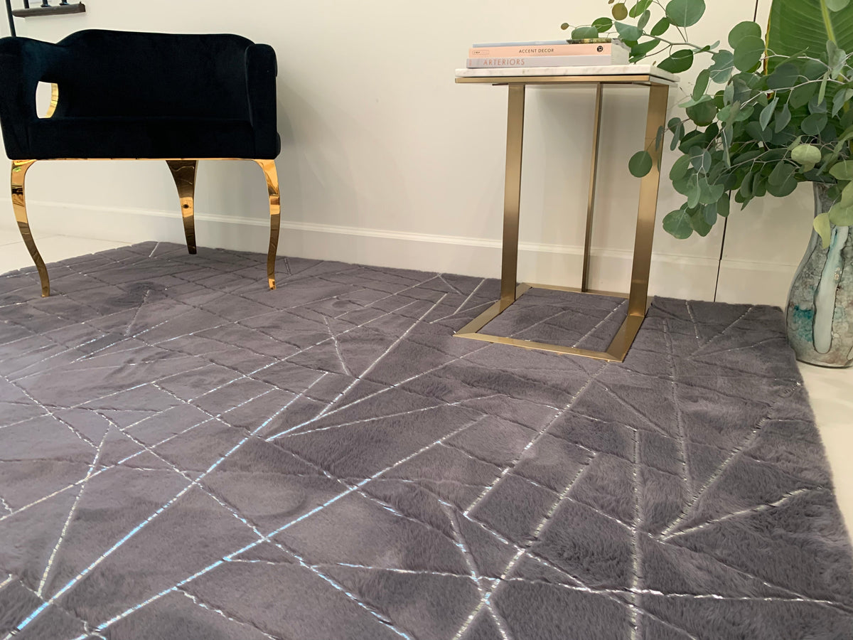 Charcoal Lines with Silver Metallic Shimmery Design Faux Rabbit Touch Rug