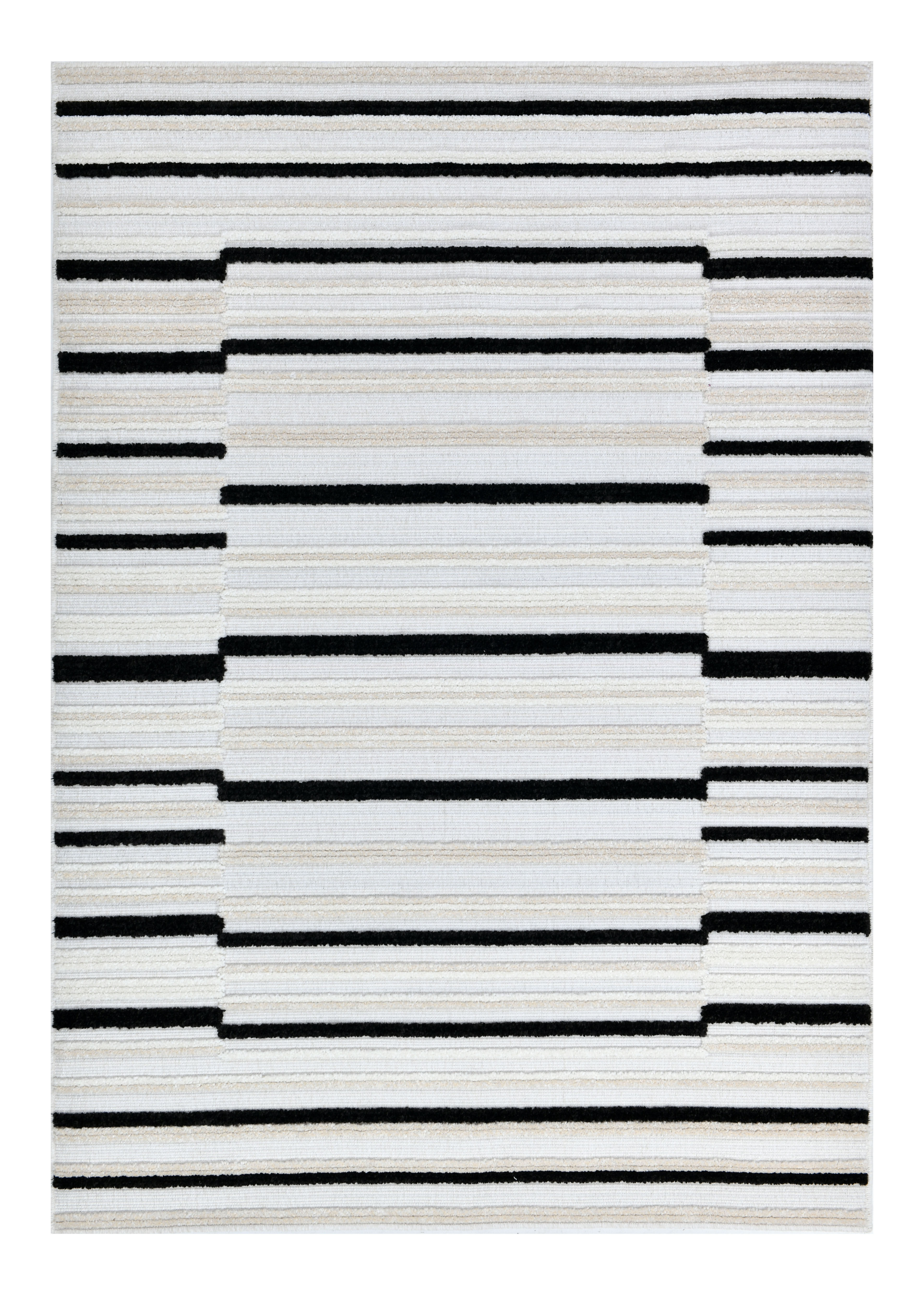 Soft Cream Rug with High-Low 3D Detail with Black/Neutral Striped Bohemian Motif - TIA 102.