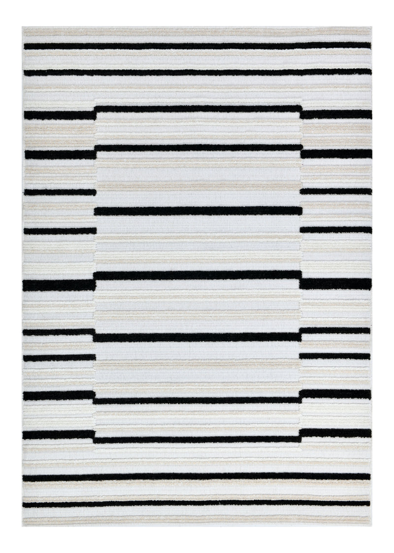 Soft Cream Rug with High-Low 3D Detail with Black/Neutral Striped Bohemian Motif - TIA 102.