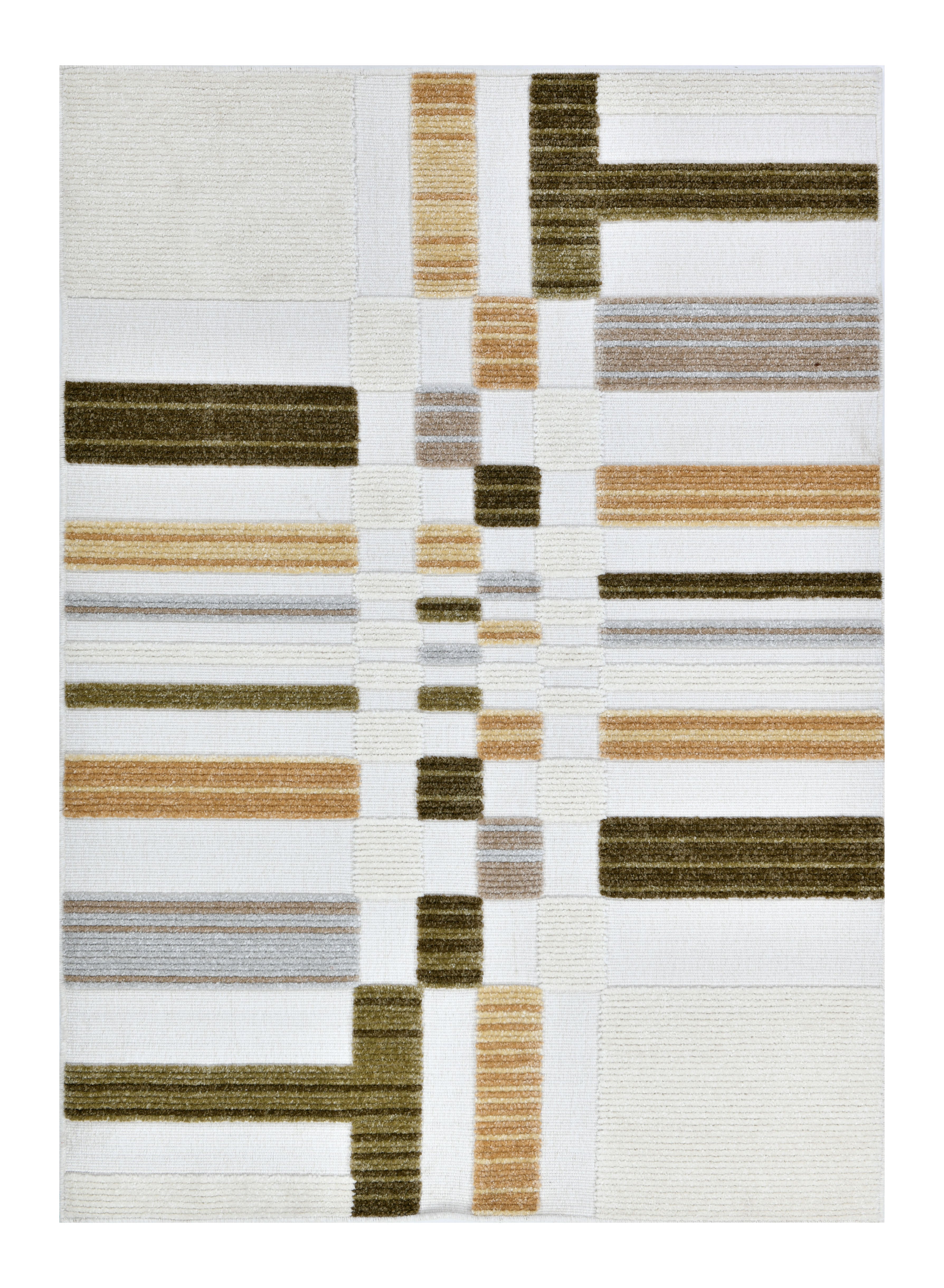 Cream Boho Area Rug – High-Low Texture with Earthy Hues of Mustard, Green & Beige - TIA 103.