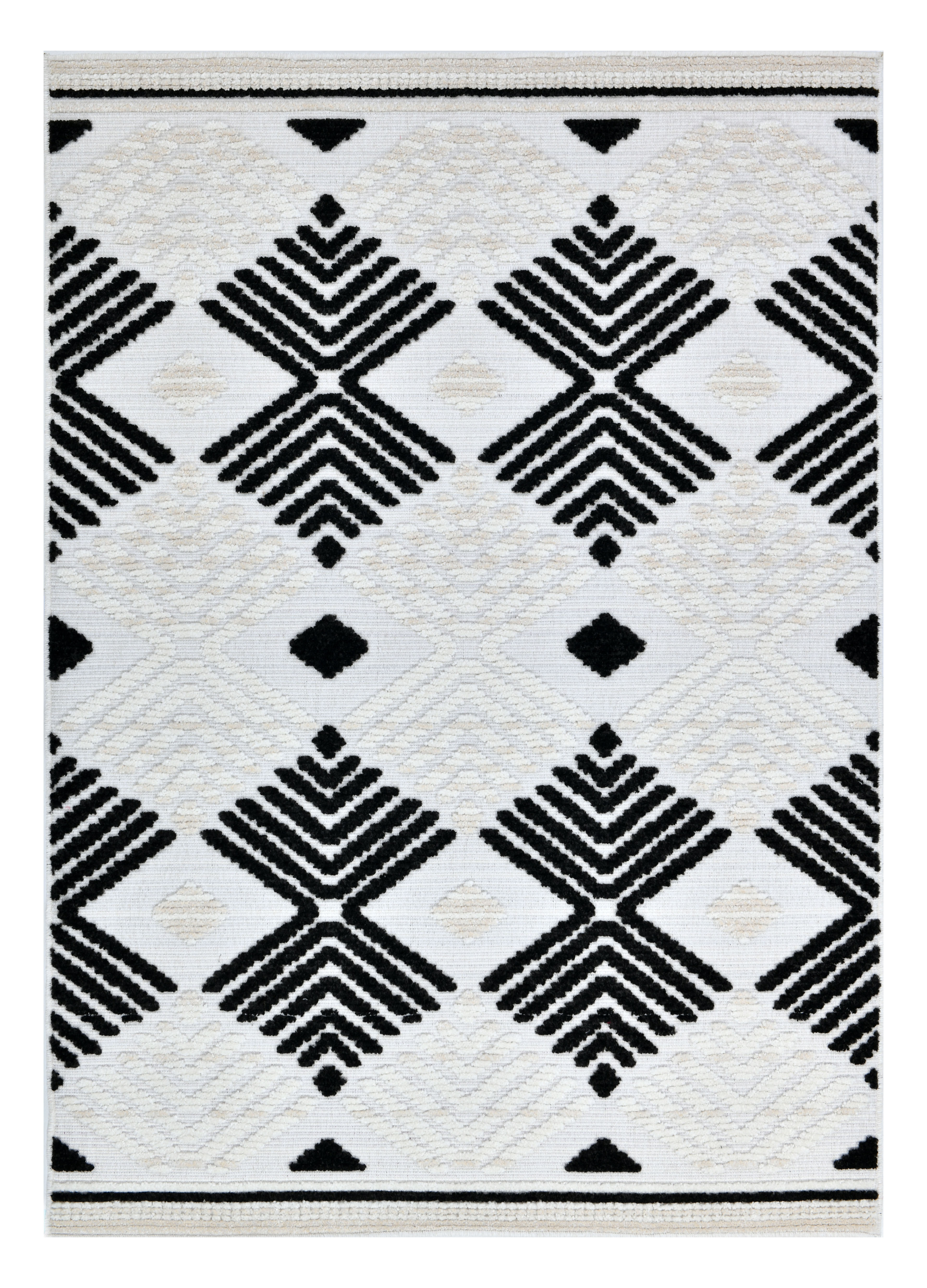 Soft Cream Rug with Beige Tones and Bohemian Black & Brown High-Low Motif - TIA 107.