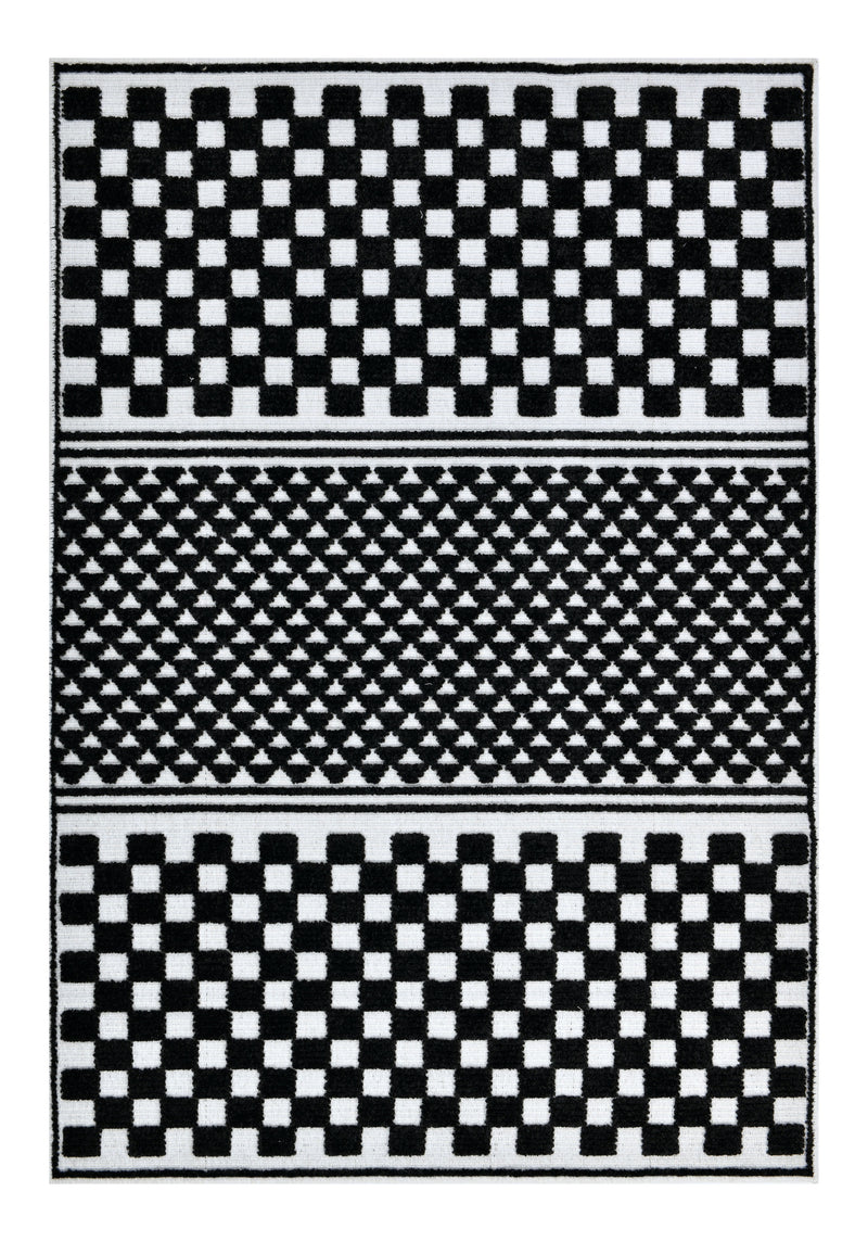 Bohemian Cream Rug – Black Geometric Pattern with Raised High-Low Detail - TIA 108.