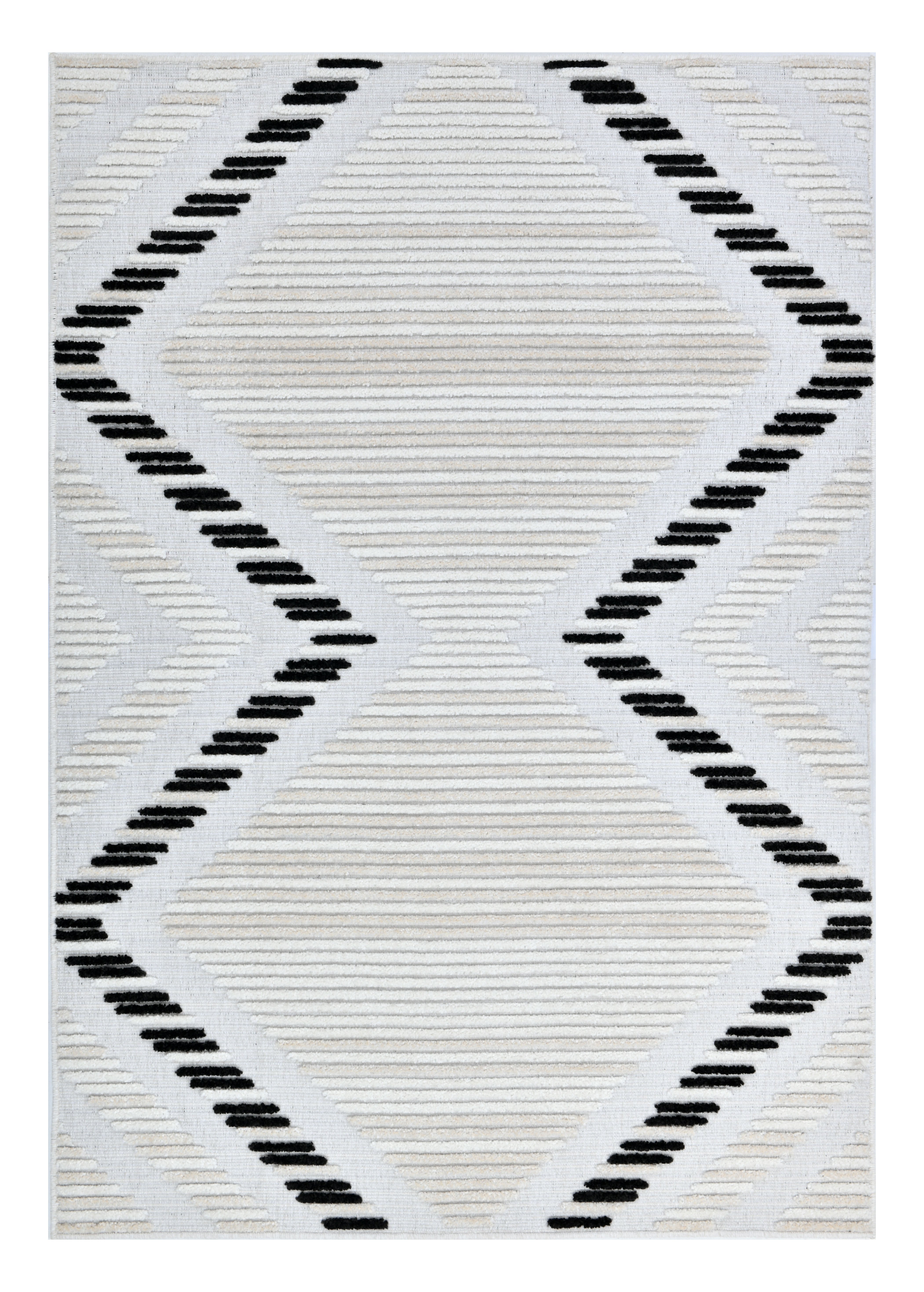 Soft Cream Rug with High-Low Detail and Black/Beige Bohemian Motif - TIA 109.