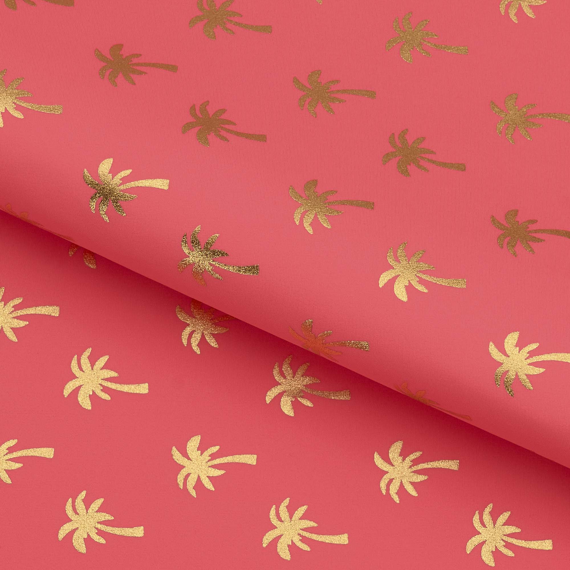 Palm Trees Foil In Pink Printed Spandex Fabric | Blue Moon Fabrics