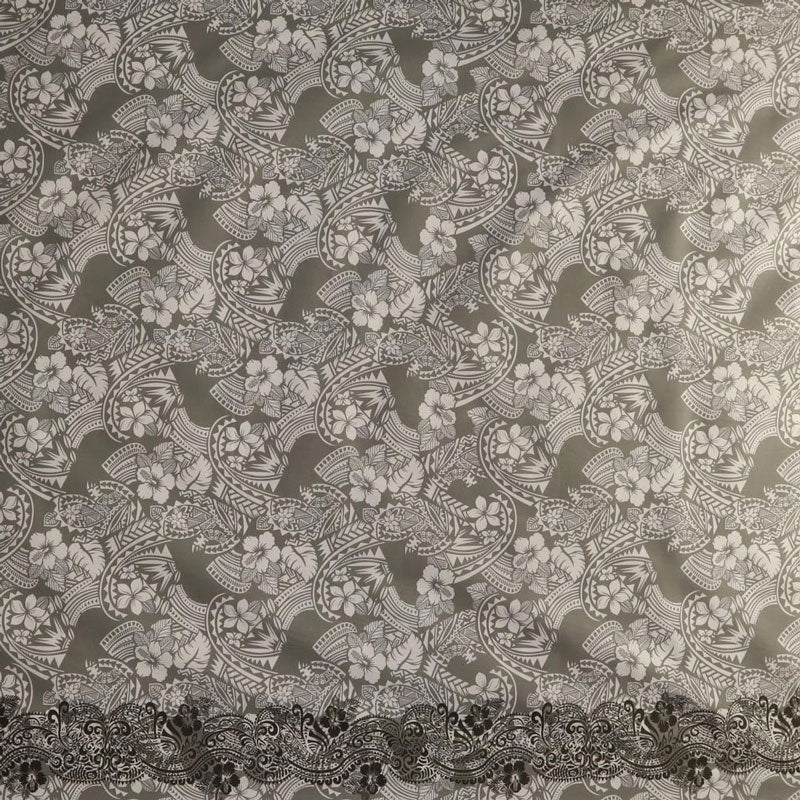 Polyensian Hibiscus & Plumeria Flowers Traditional Tattoo Single Border Poly-Cotton Fabric | Islands Fabric