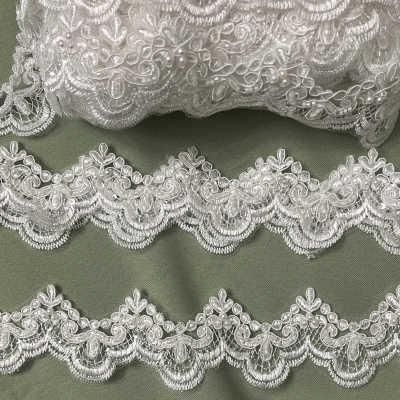 Beaded & Corded Lace Trimming Embroidered on 100% Polyester Net Mesh | Lace USA - 95142N-BP