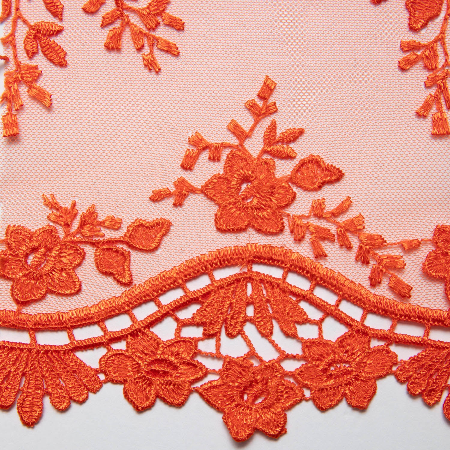 ORANGE EMBROIDERED LACE FABRIC WITH FLORAL DESIGN 52" WIDE | Exquisite Fabric