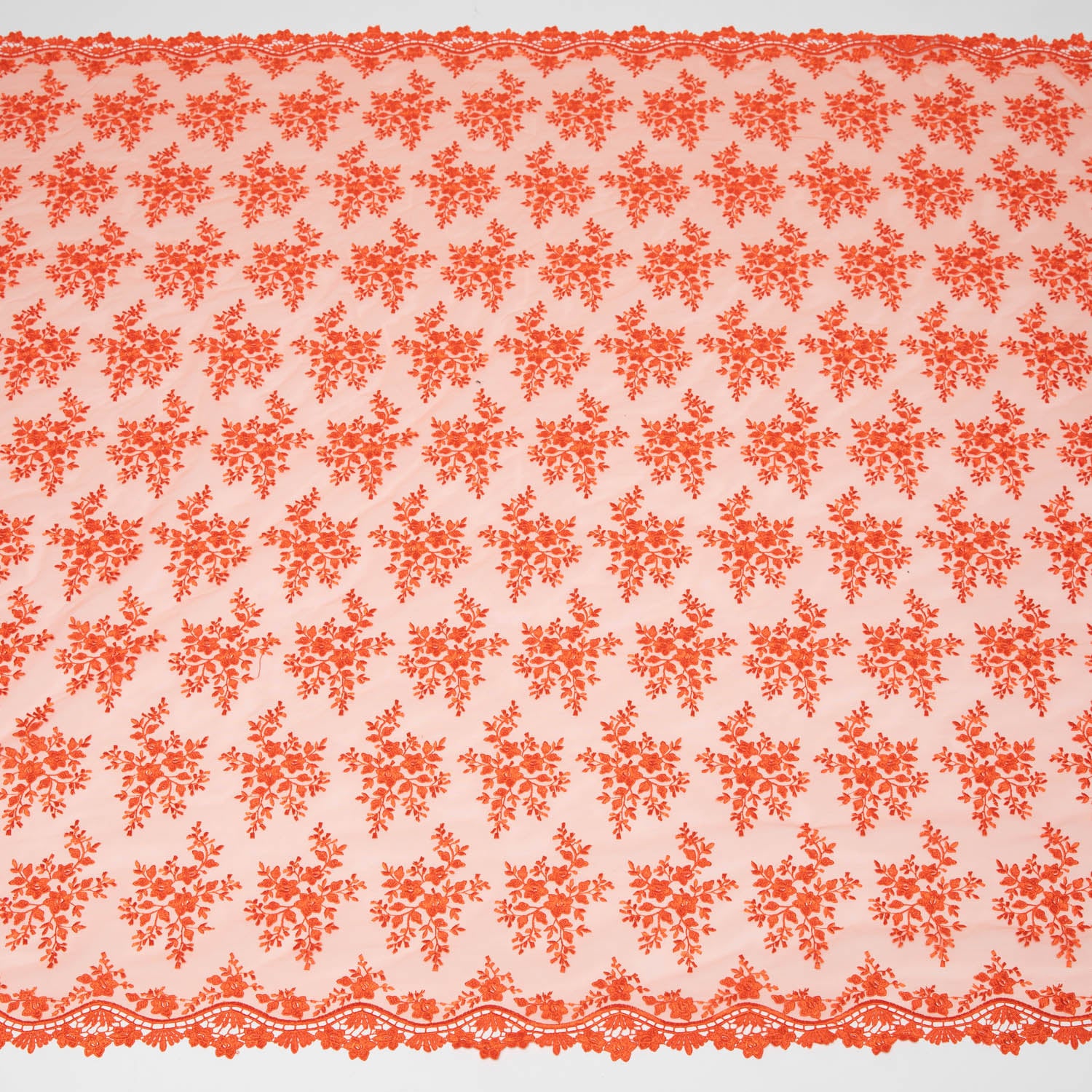 ORANGE EMBROIDERED LACE FABRIC WITH FLORAL DESIGN 52" WIDE | Exquisite Fabric