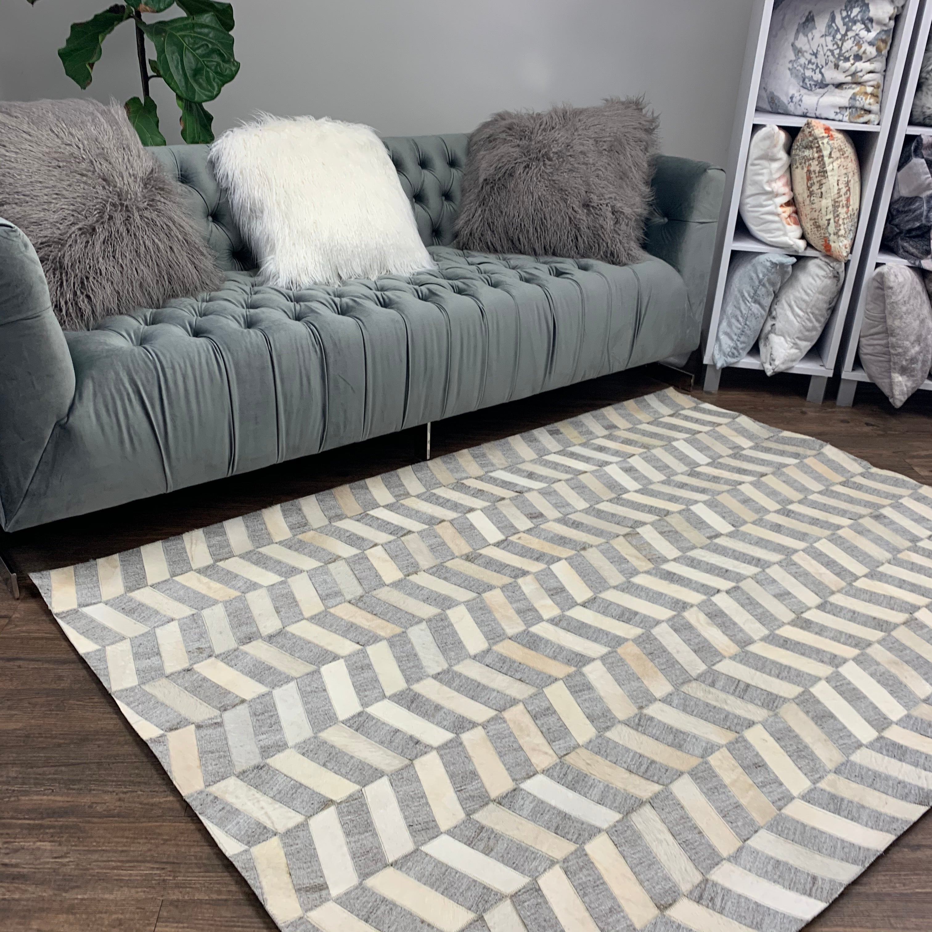 Geometric Chevron Ivory & Grey Cowhide Patchwork Rug - Handmade Leather Patchwork Cowhide PCH165