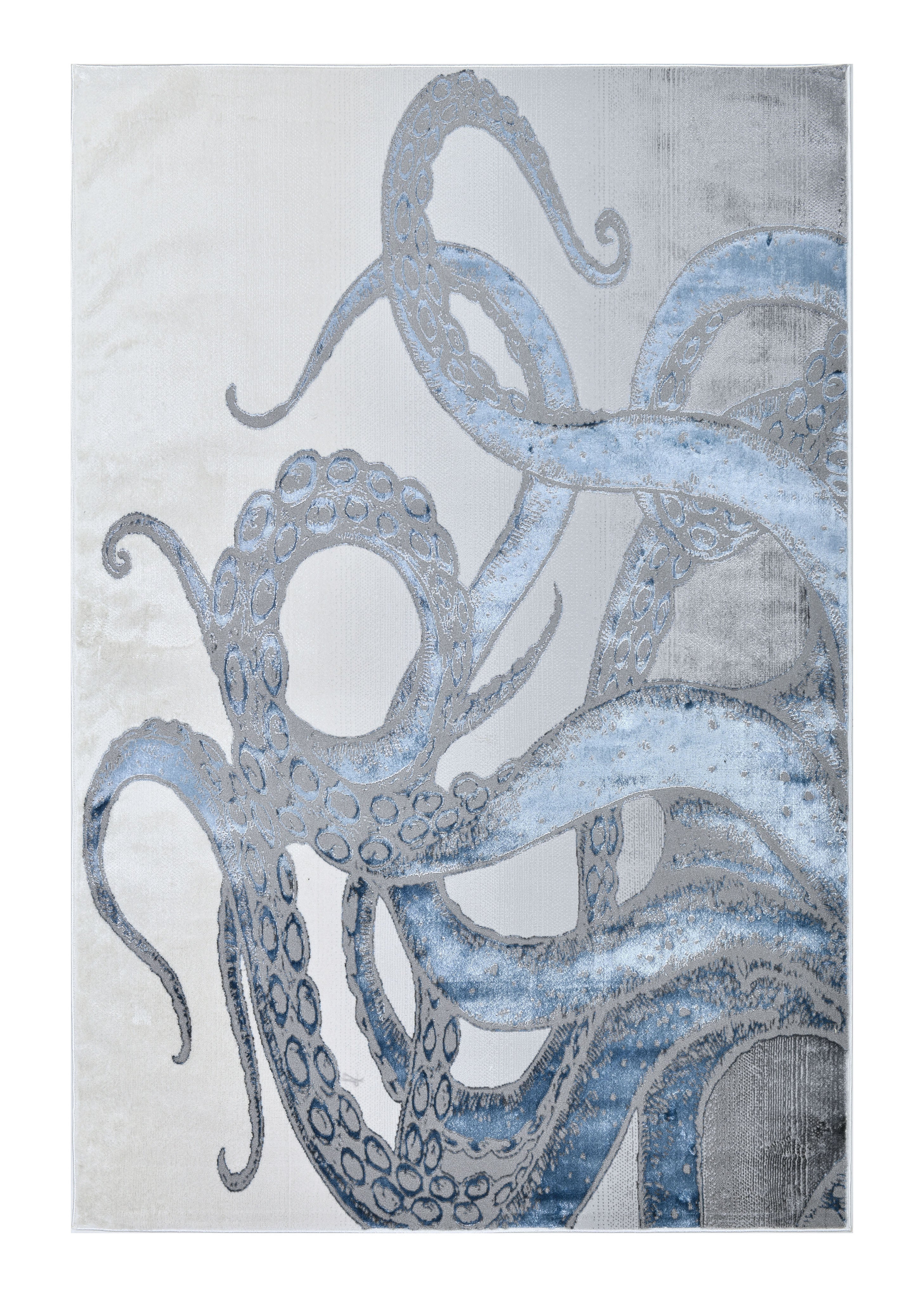 Soft-Touch Light Grey Rug Featuring Metallic Octopus/Tentacle Design in Sheer Black or Blue - Z339A (POL805)