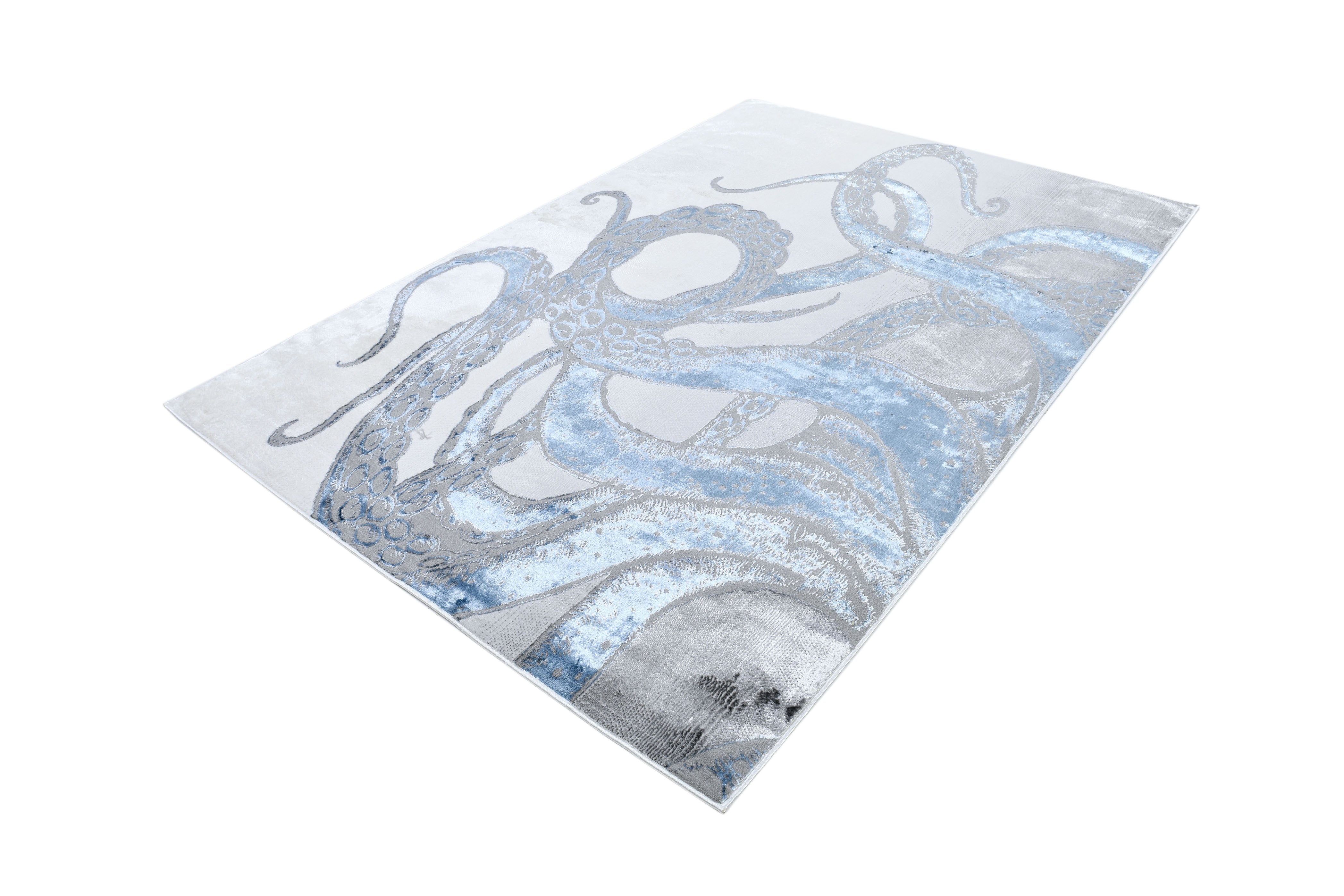 Soft-Touch Light Grey Rug Featuring Metallic Octopus/Tentacle Design in Sheer Black or Blue - Z339A (POL805)