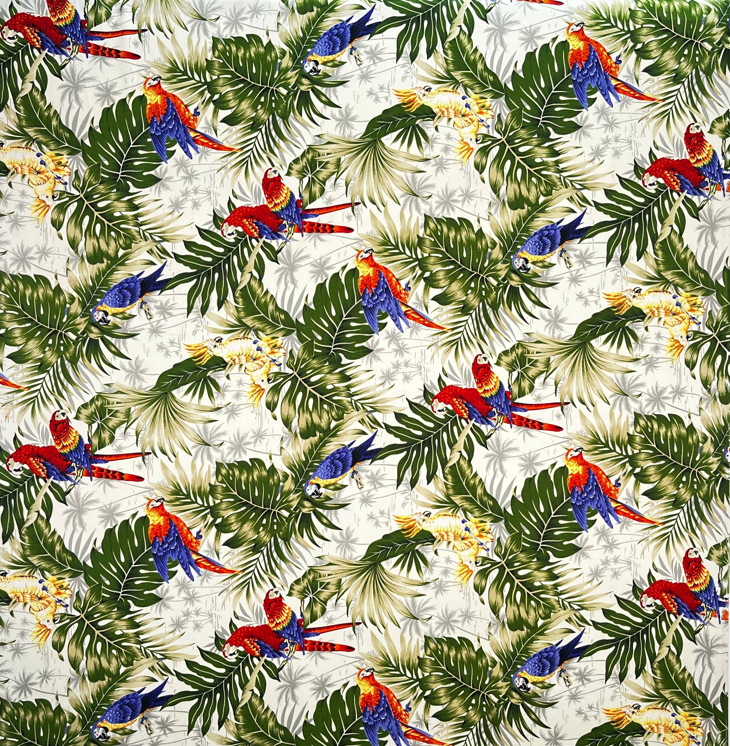 Parrots Split Monstera Palm Leaves Peachskin Fabric | Islands Fabric