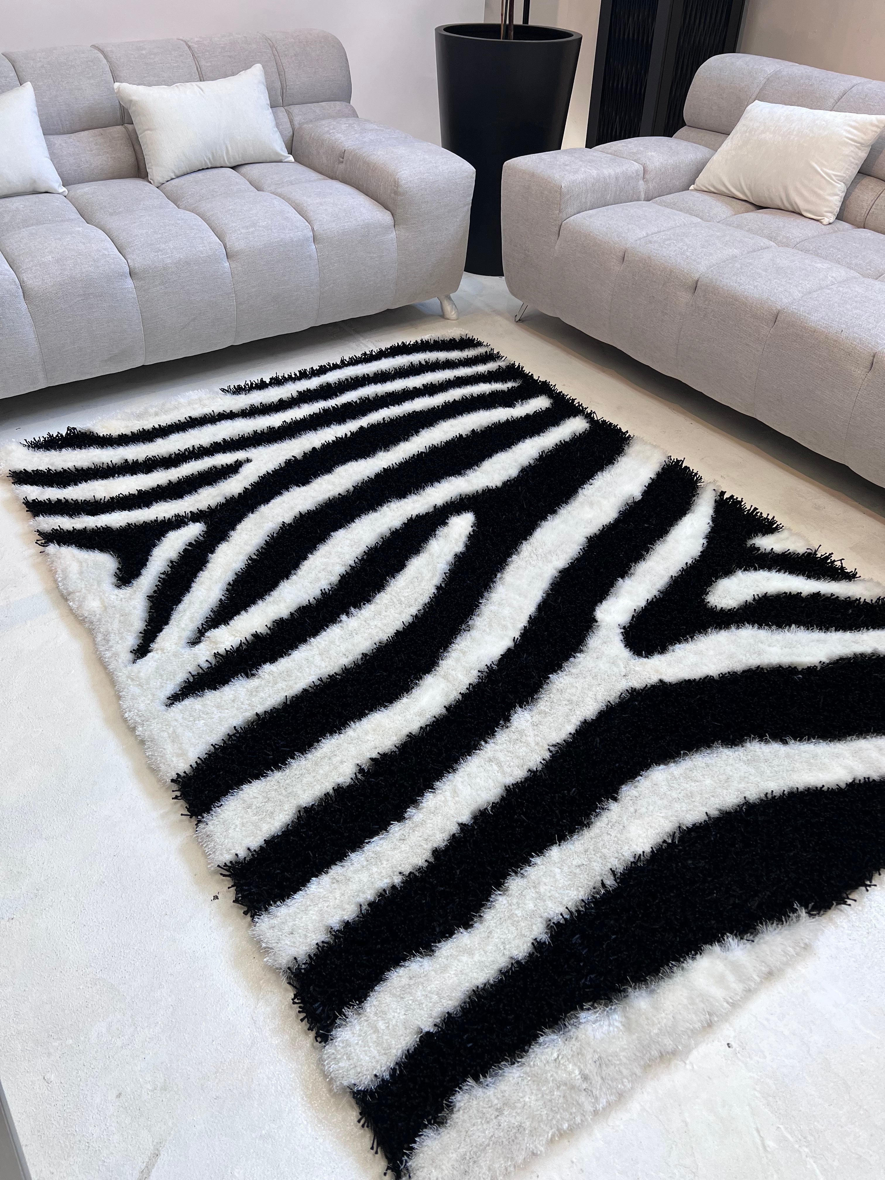 Zebra Animal Print Black & White Shag Long Pile Area Rug/Carpet