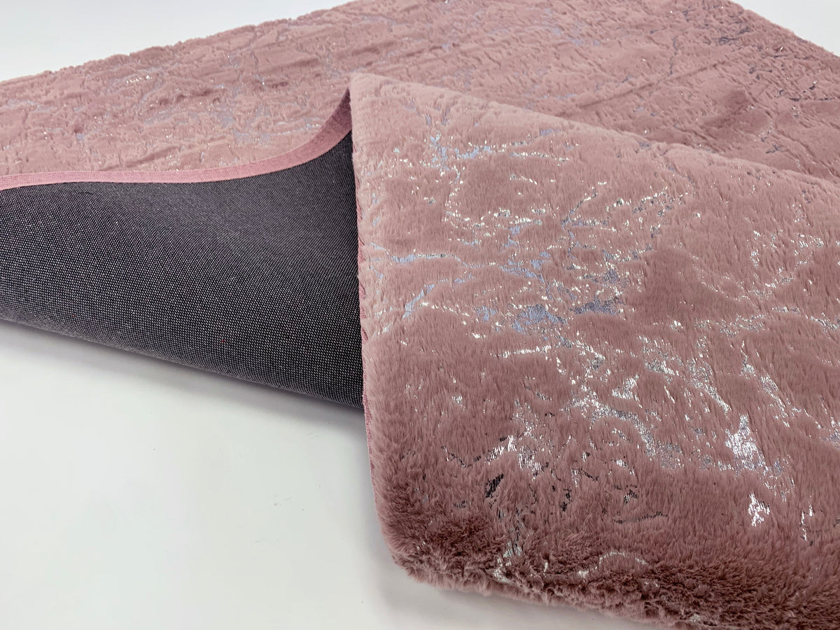 Rose Pink with Silver Metallic Shimmery Design Faux Rabbit Touch Rug