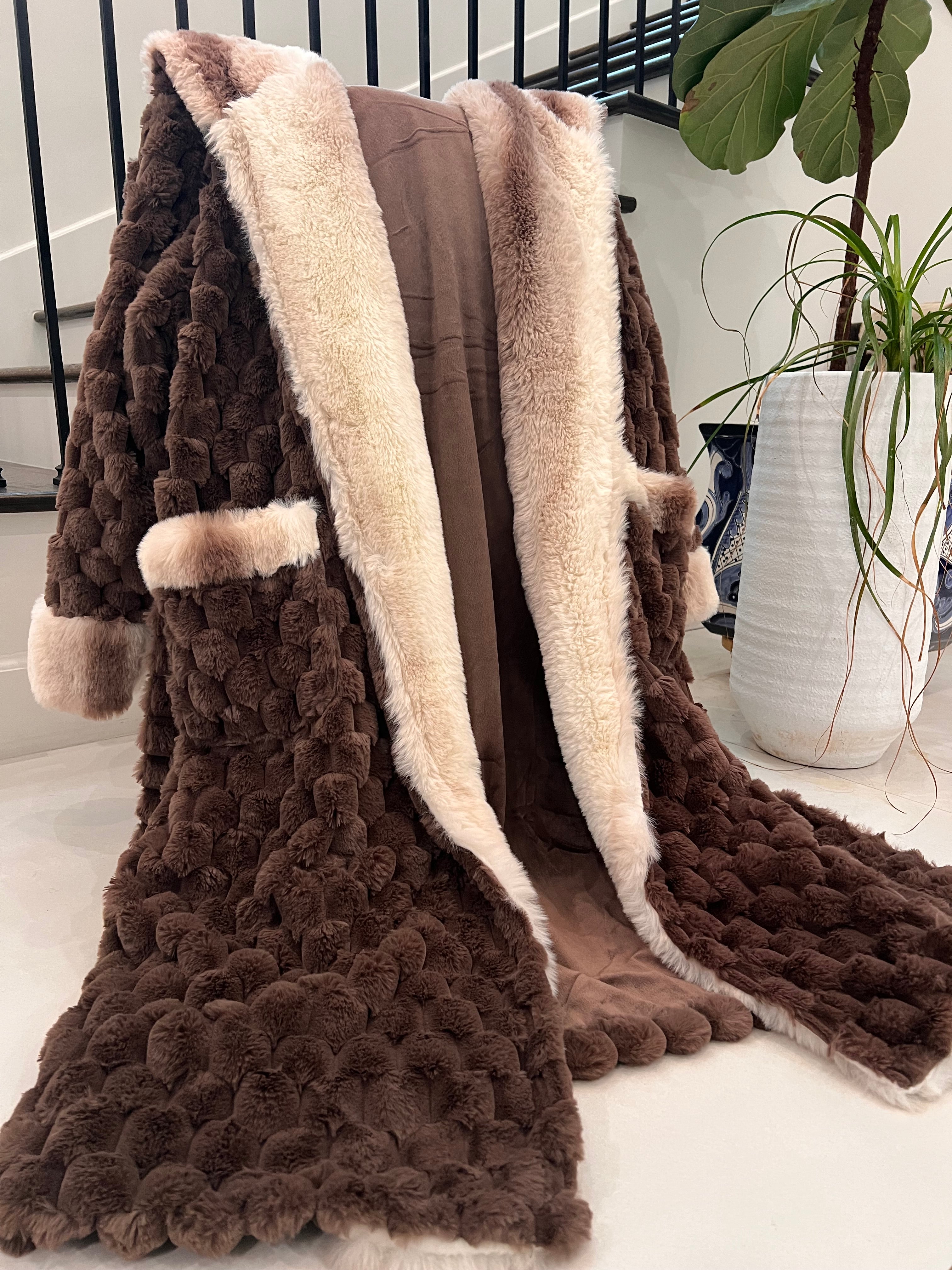 Stylish Soft-Touch Faux Fur Chocolate Robe with Tone-on-Tone Champaign Cozy Interior – Perfect for Lounging or Luxe Outdoor Wear - REXA ROBE 4.