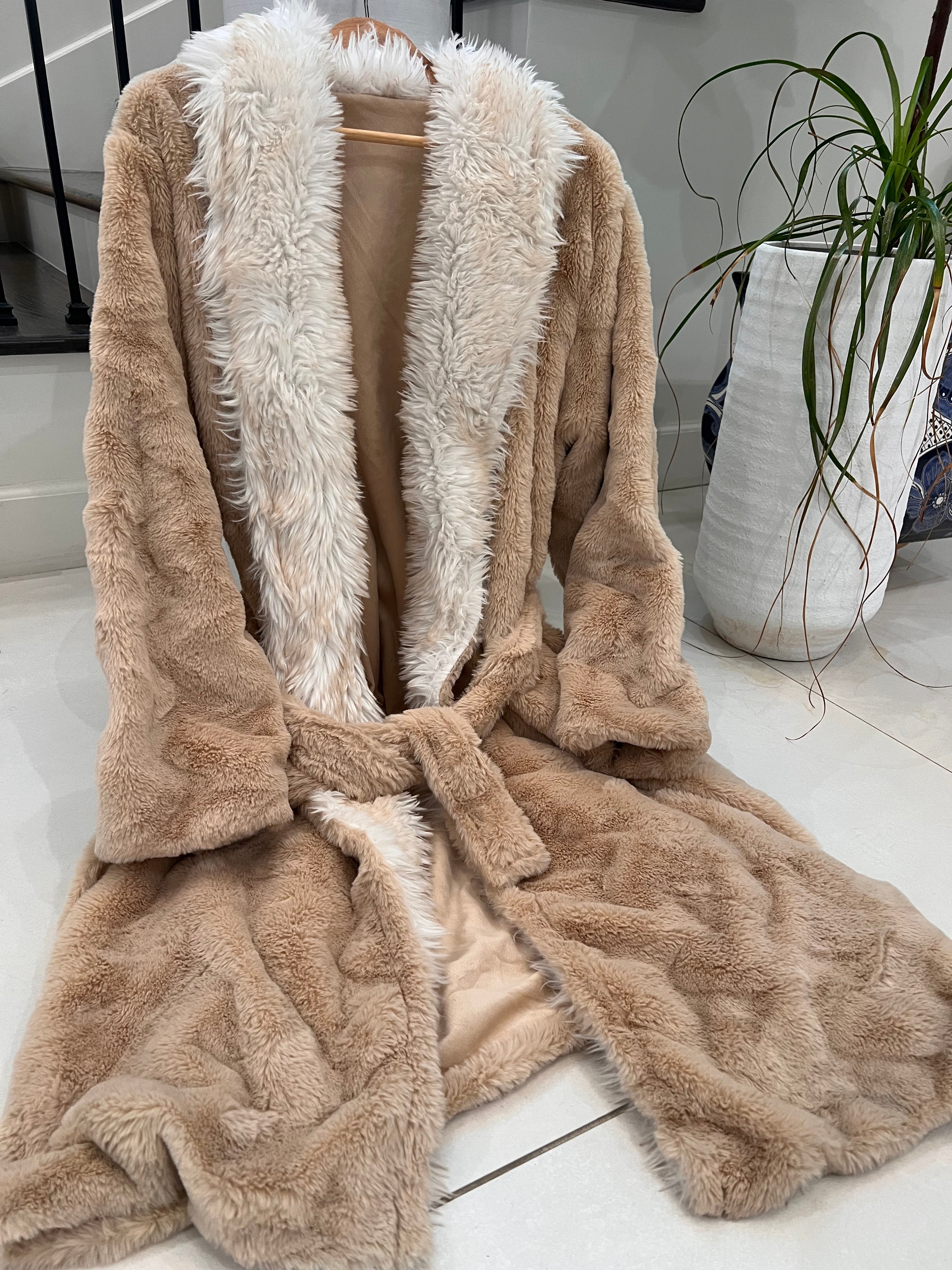 Stylish Sandy Beige Soft-Touch Robe with Two-Tone Ivory Velvet Interior – Perfect for Lounging or Luxe Outdoor Wear - REXA ROBE 6