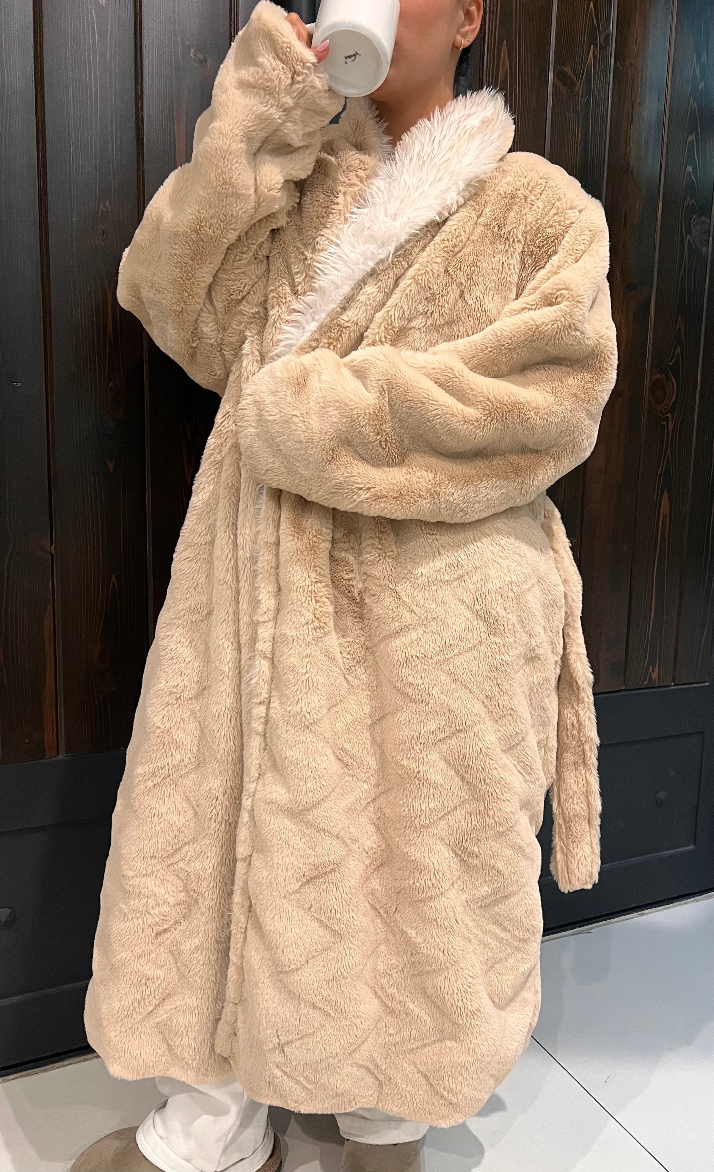 Stylish Sandy Beige Soft-Touch Robe with Two-Tone Ivory Velvet Interior – Perfect for Lounging or Luxe Outdoor Wear - REXA ROBE 6