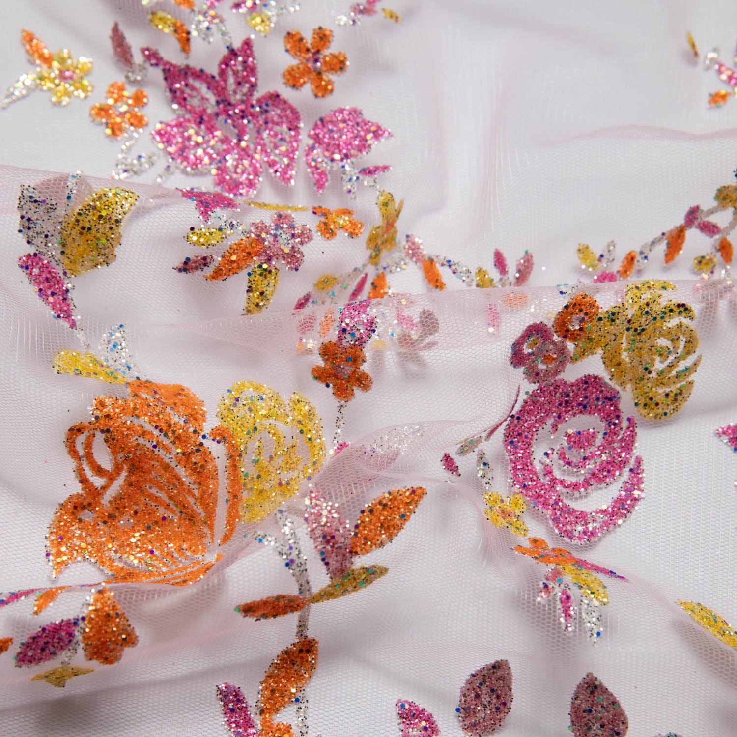 Tulle Lace Fabric with Multicolor Glitter and Floral Design 58" Wide | Exquisite Fabric