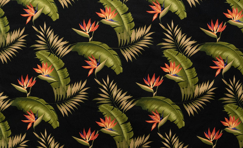 Plumeria & Palm Leaf with Bird of Paradise Seeds Upholstery Fabric | Islands Fabric