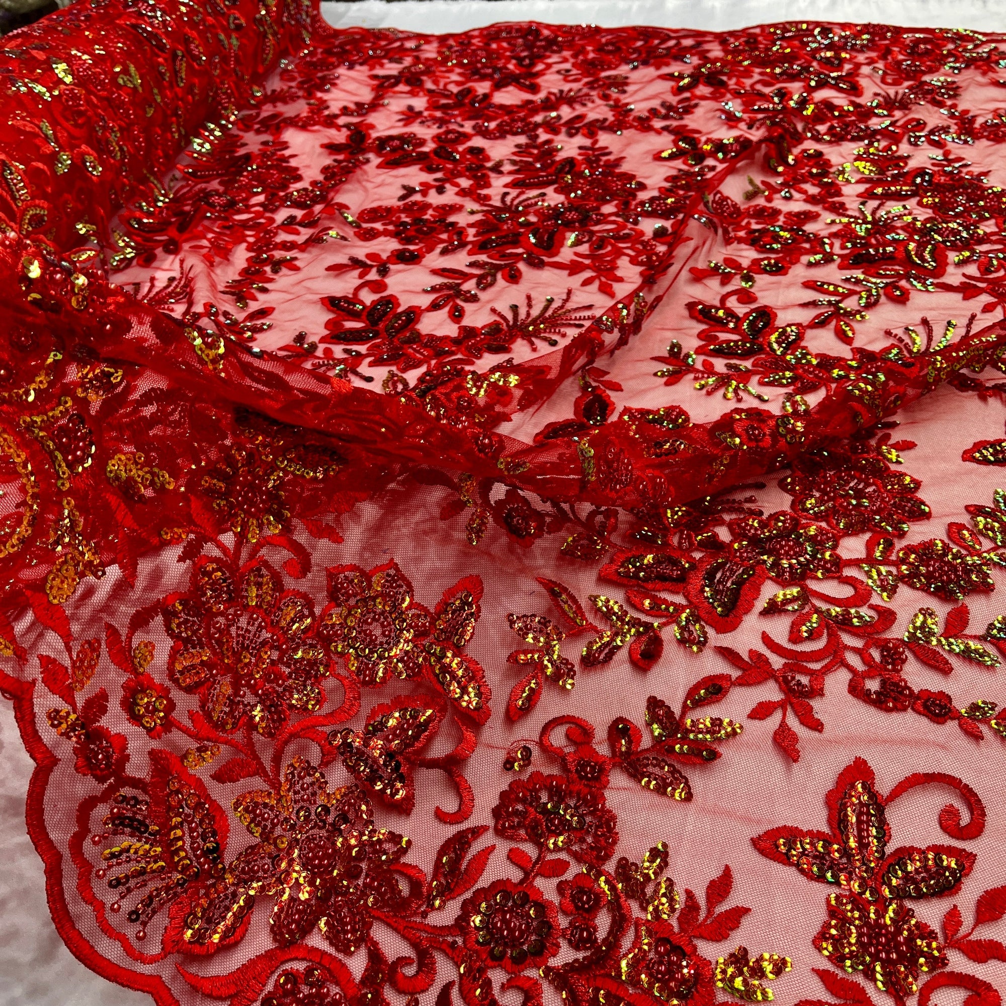 Beaded & Sequined Sparkling Floral Lace Fabric – Scalloped Edges | Lace USA - GD-2218