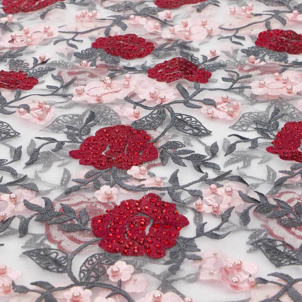 Rose and Vine Embroidered Mesh Fabric | Blue Moon Fabrics
