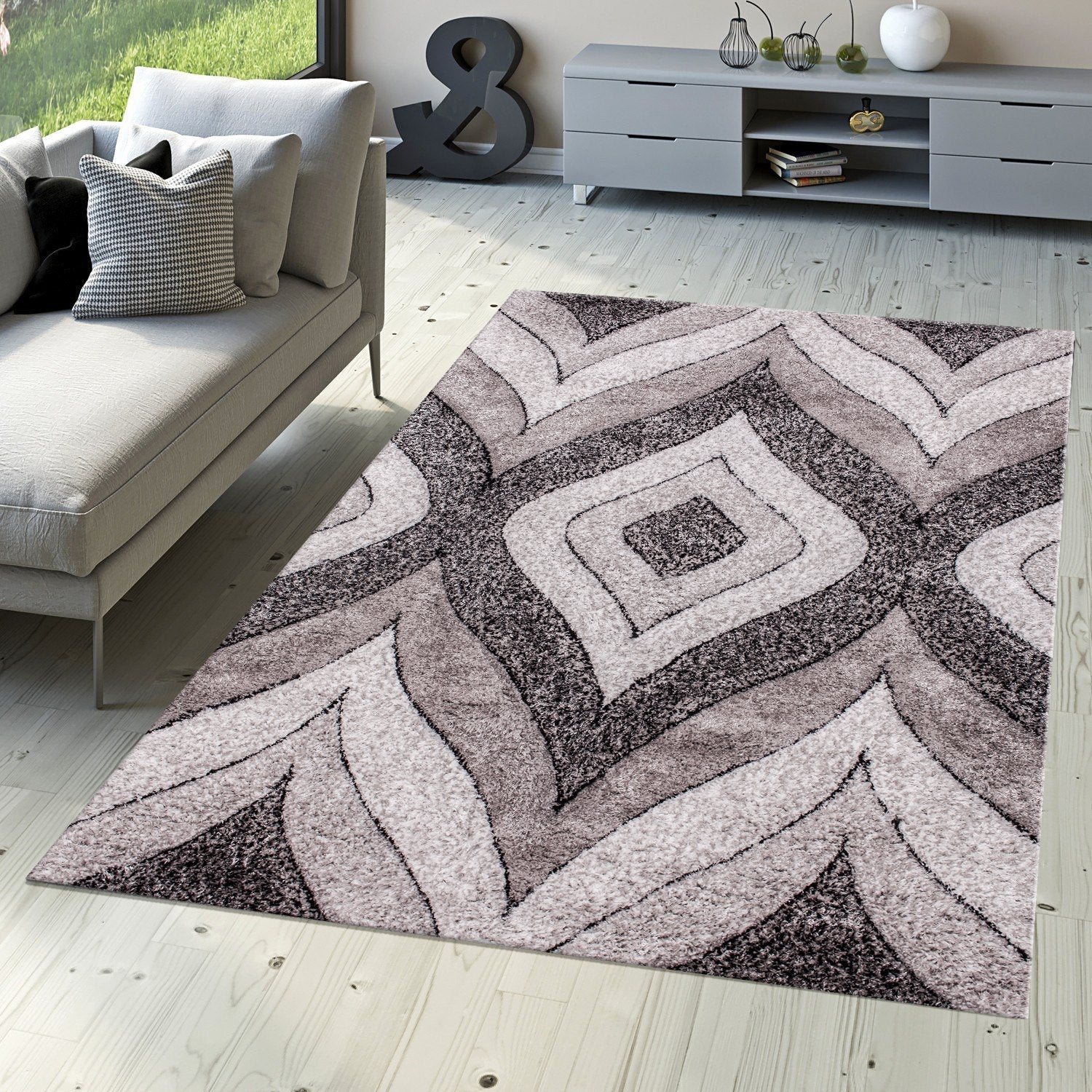 Touch of Red/Silver/Yellow Shag Area Rugs/Carpets | Style# SR-721 - Crafted from 100% Polyester, Plush Fluffy Shine 3D Geometric Design