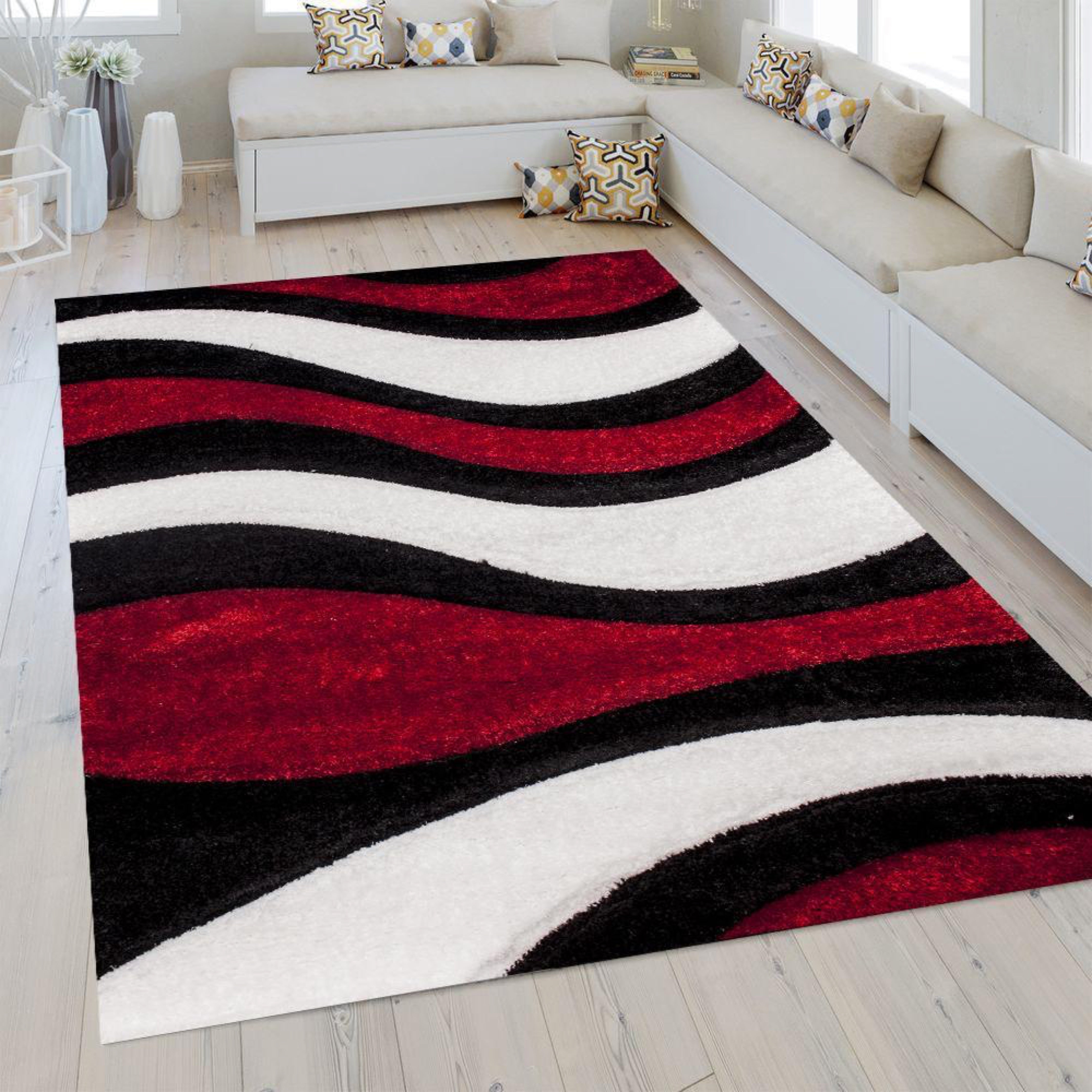 Touch of Red/White/Black Shag Area Rug/Carpet | Style# SR-725 - Crafted from 100% Polyester, Plush Fluffy Shine 3D Wave Design