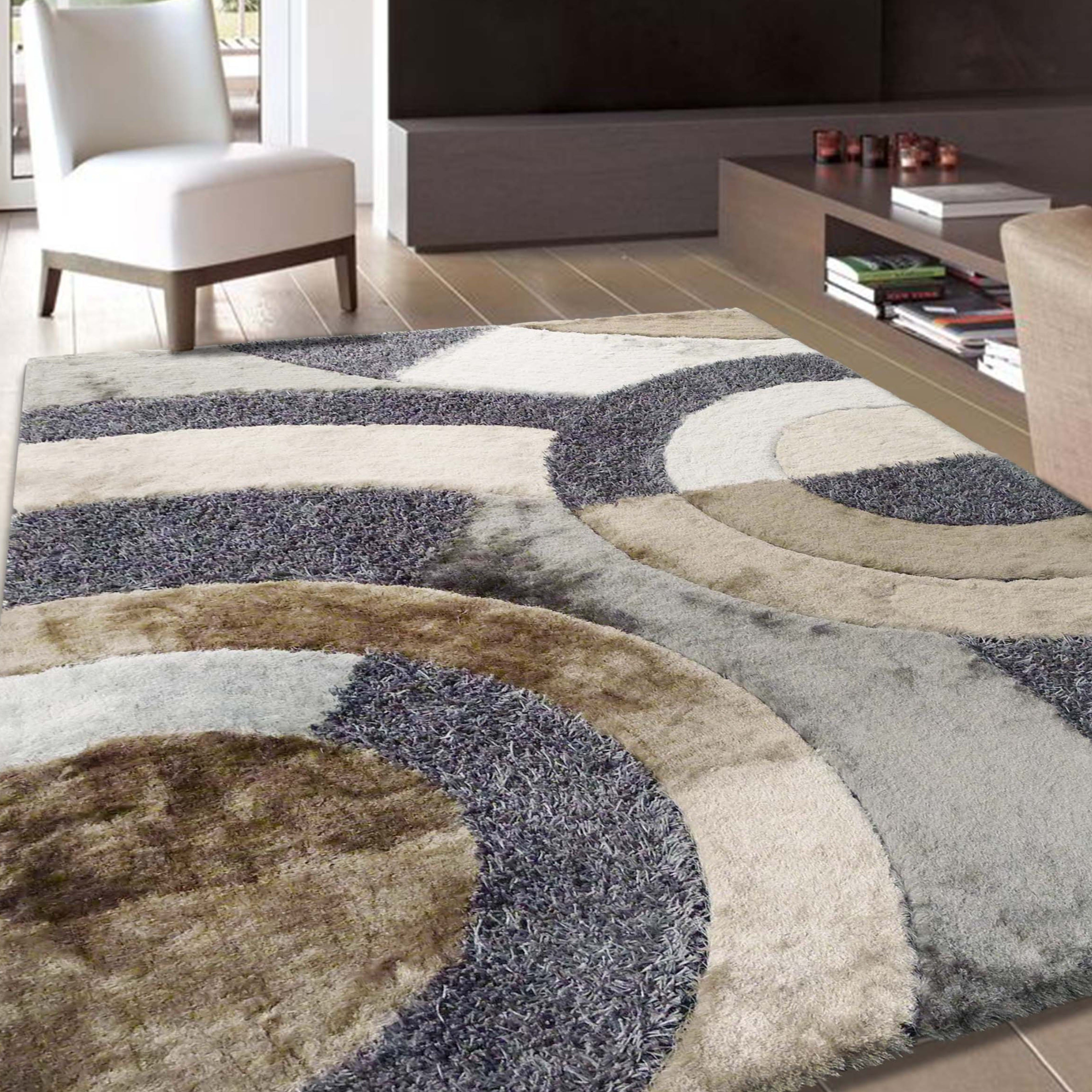Circle Earth Tone Design Plush Fluffy Multi-textural Shag Area Rug/ Carpet
