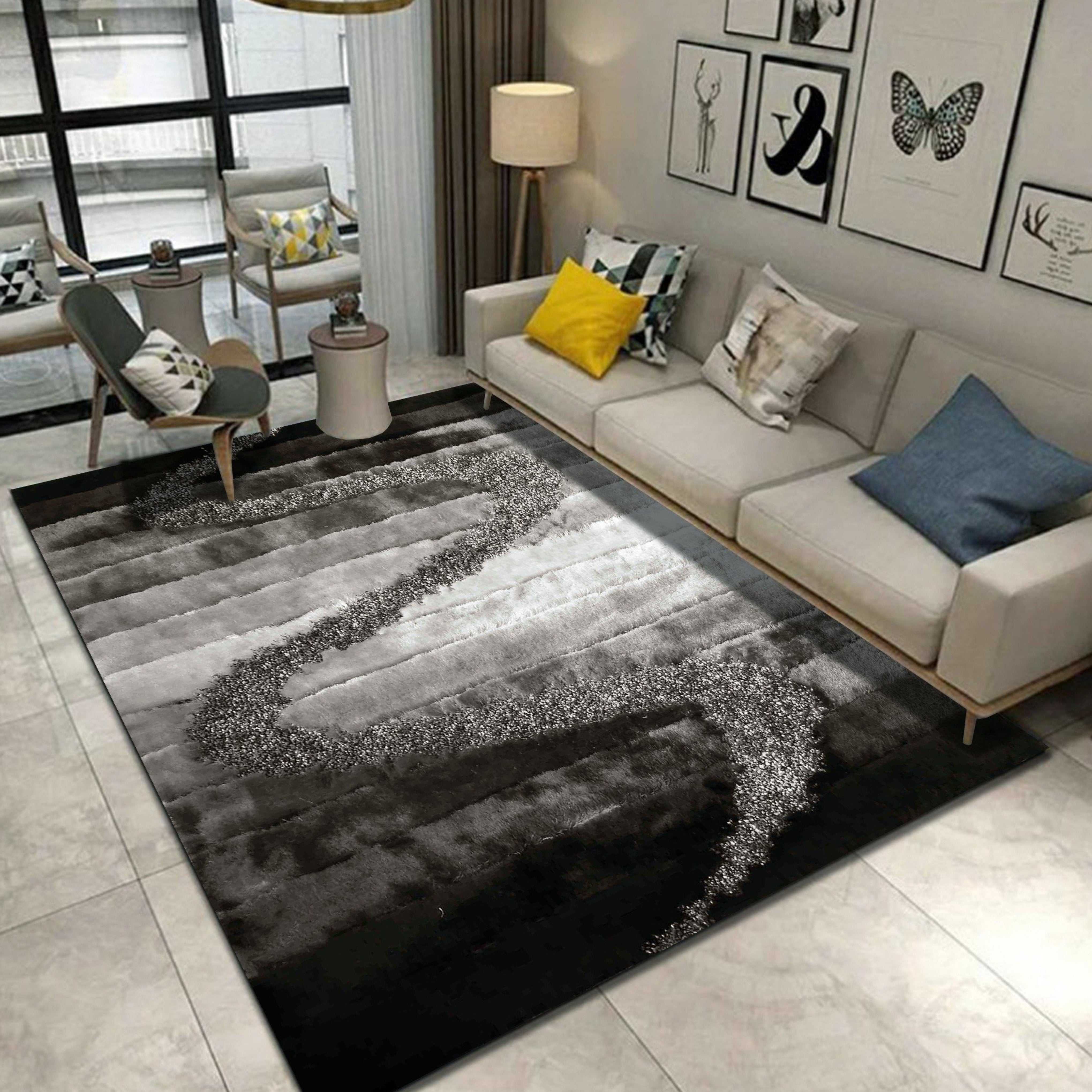 Soft Plush Fluffy Multi-textural Design Silver Gray Black Shag Area Rug/Carpet