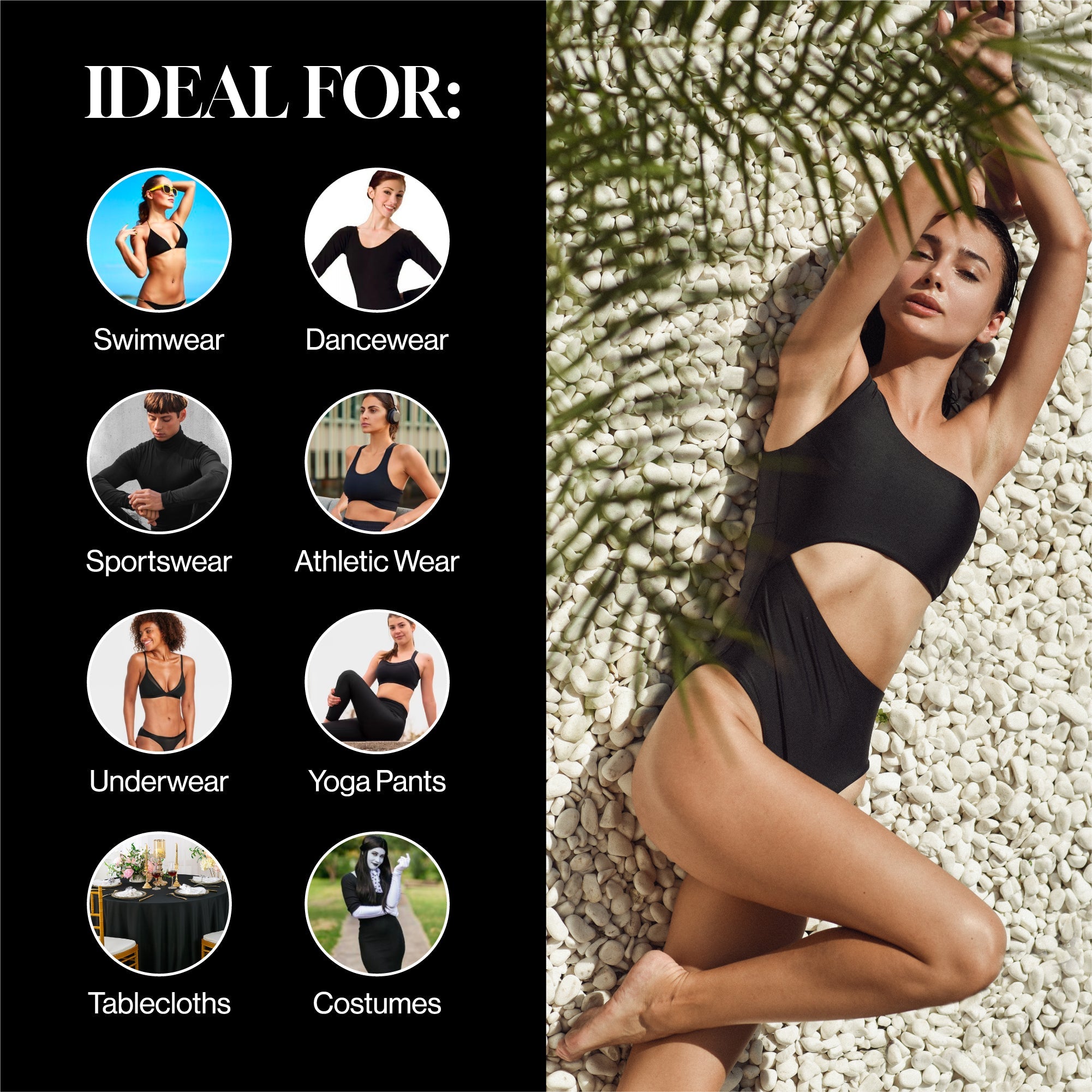 Nylon Spandex Swimwear Tricot Fabric | Black | 4 Way Stretch