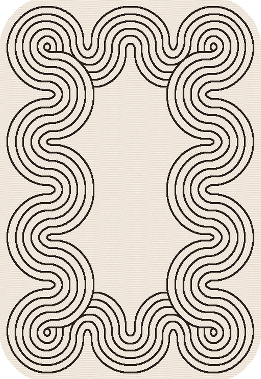 Indoor/Outdoor Ivory Rug with Black Geometric Swirl and Live Edge Design.
