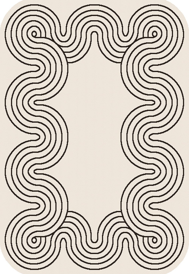 Indoor/Outdoor Ivory Rug with Black Geometric Swirl and Live Edge Design.