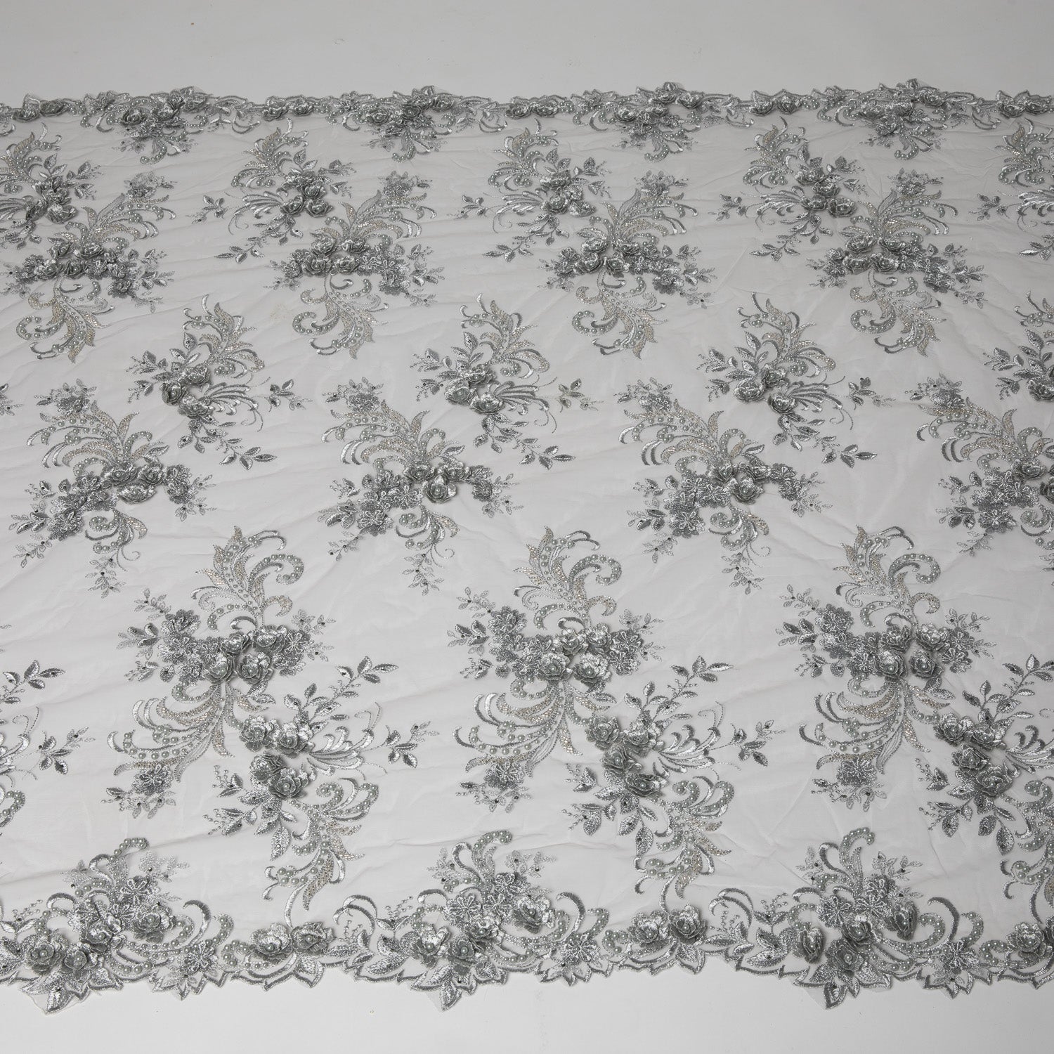 TULLE EMB WITH APPLIQUE AND BEADS 100% POLYESTER 50/52" DARK GRAY FABRIC - Exquisite Fabrics
