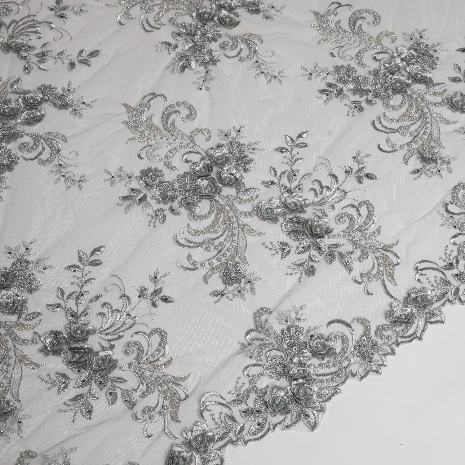 TULLE EMB WITH APPLIQUE AND BEADS 100% POLYESTER 50/52" DARK GRAY FABRIC - Exquisite Fabrics