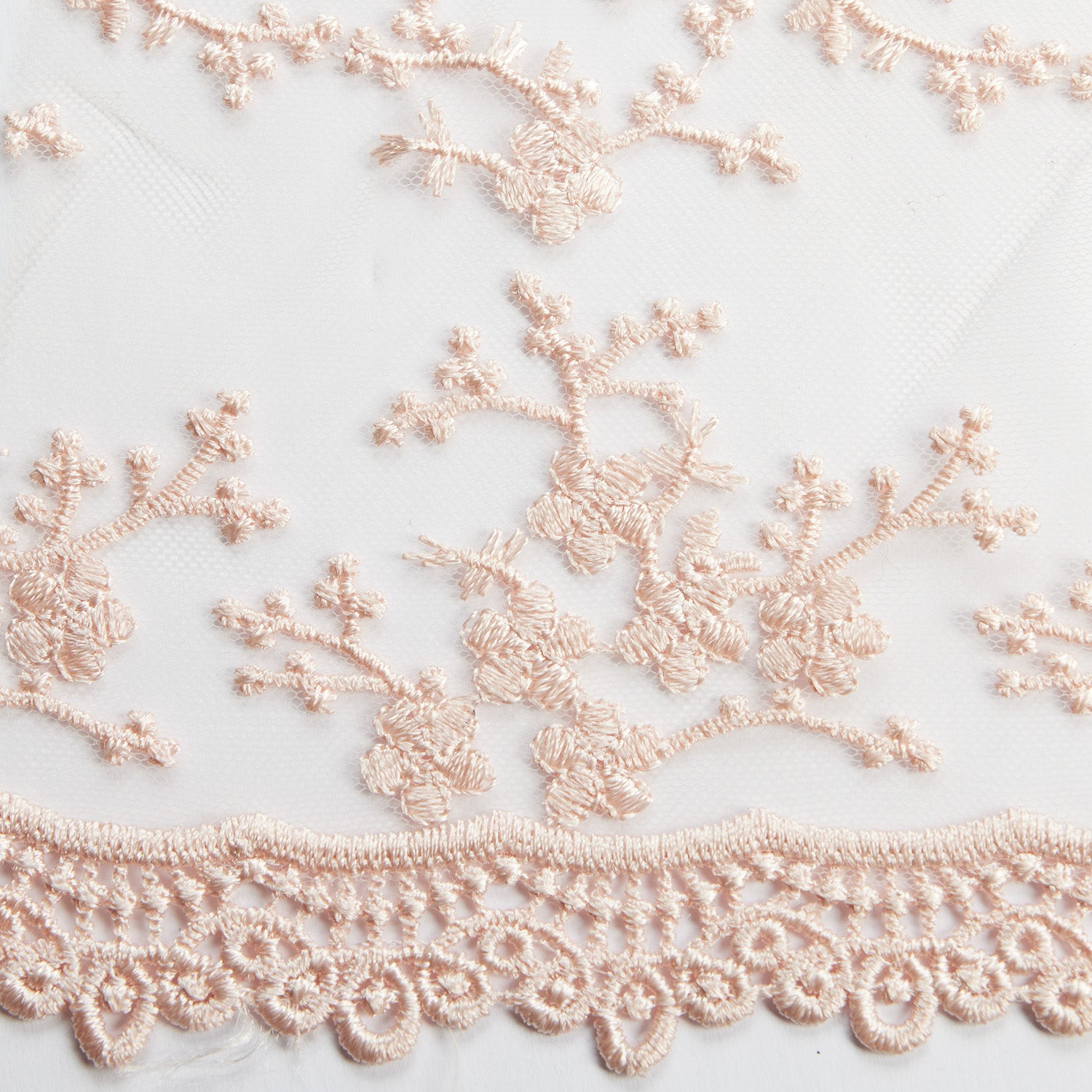 TULLE EMB WITH CHEMICAL SCALLOP 100% POLYESTER 50/52" BLUSH FABRIC - Exquisite Fabrics