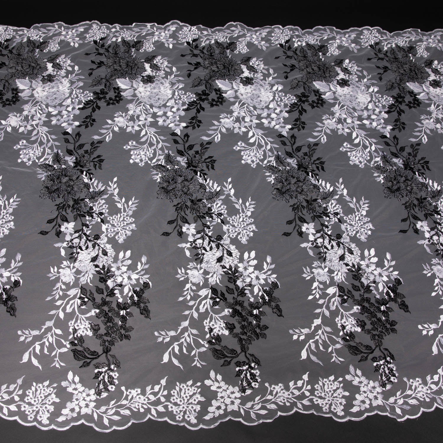 TULLE EMB WITH TWO TONE 100% POLYESTER 50/52" WHITE/BLACK FABRIC- Exquisite Fabrics