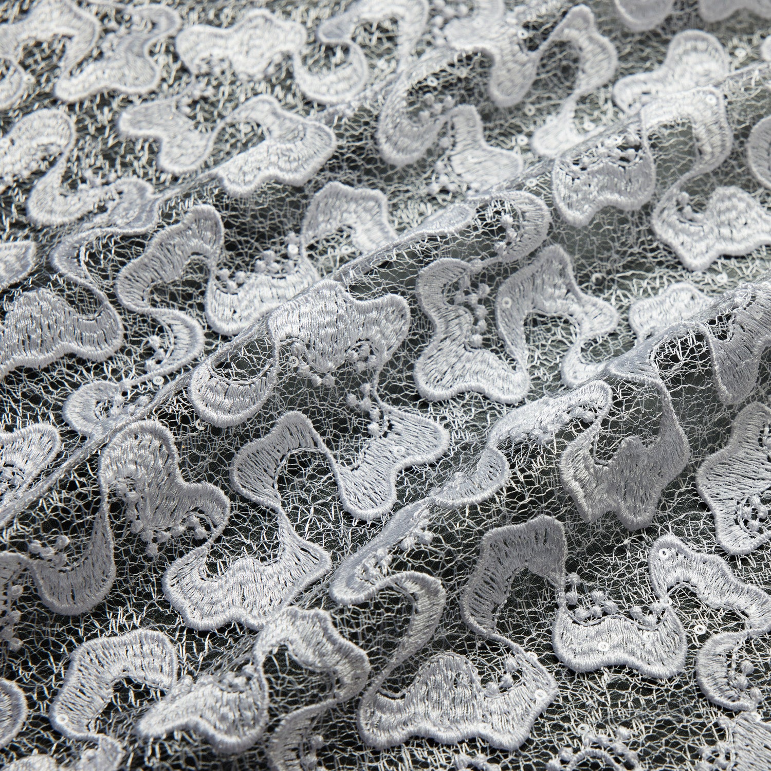 TULLE WITH CORD EMB AND SEQUINS 50/51" WHITE FABRIC - Exquisite Fabrics