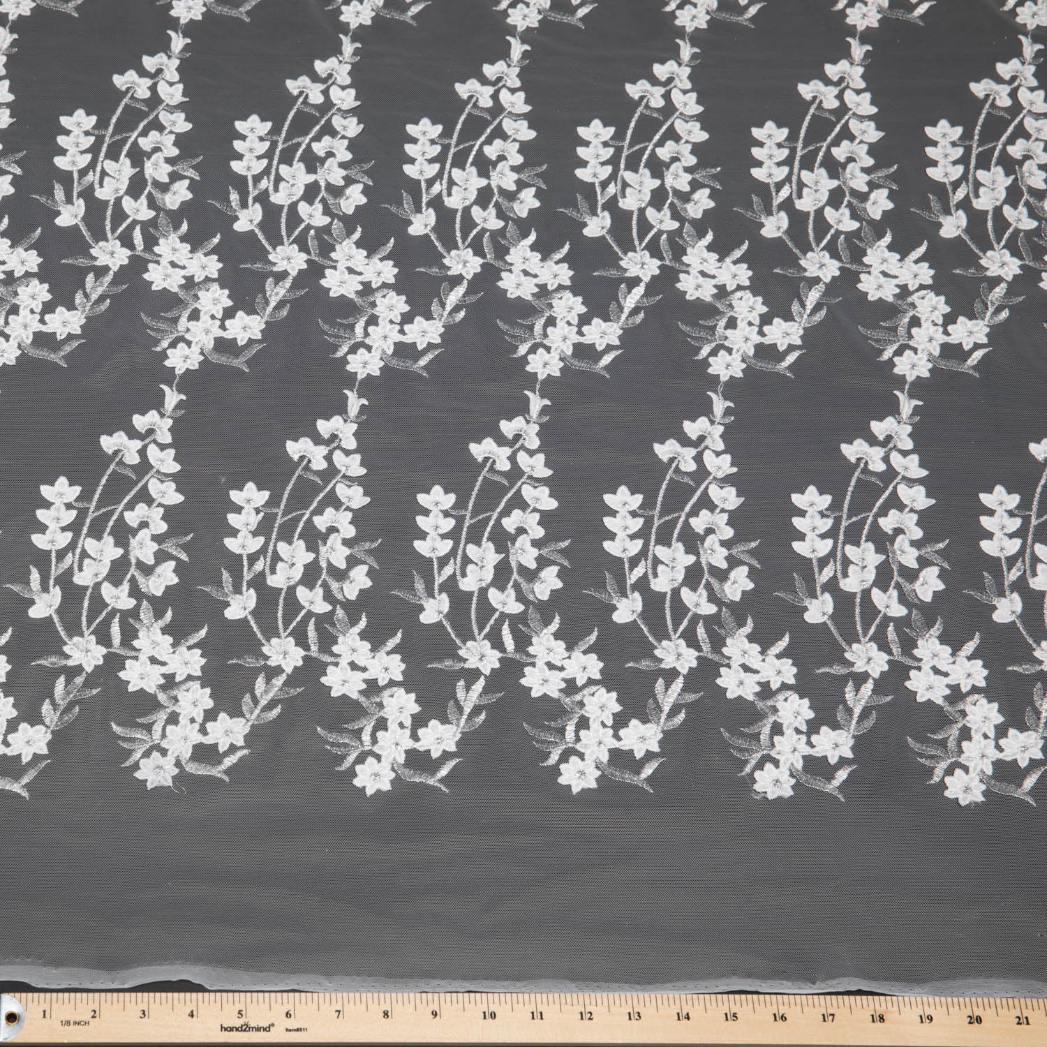 TULLE WITH EMB APPLIQUE 52/54" WHITE/SILVER FABRIC - Exquisite Fabrics