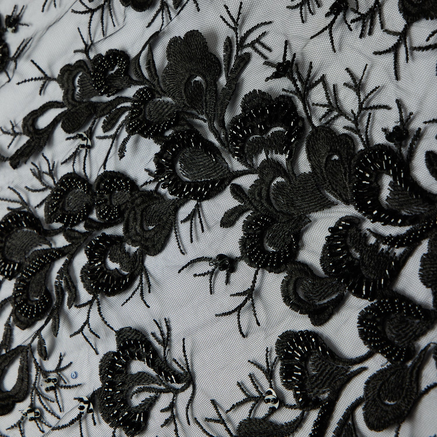 TULLE WITH EMB WITH BEADS AND SEQ 100% POLYESTER 50/52" BLACK FABRIC - Exquisite Fabrics