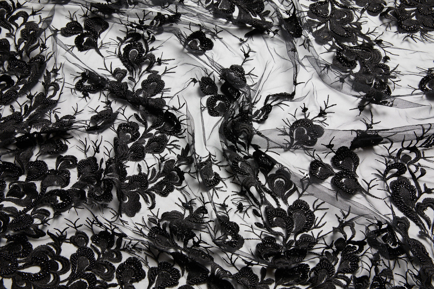 TULLE WITH EMB WITH BEADS AND SEQ 100% POLYESTER 50/52" BLACK FABRIC - Exquisite Fabrics