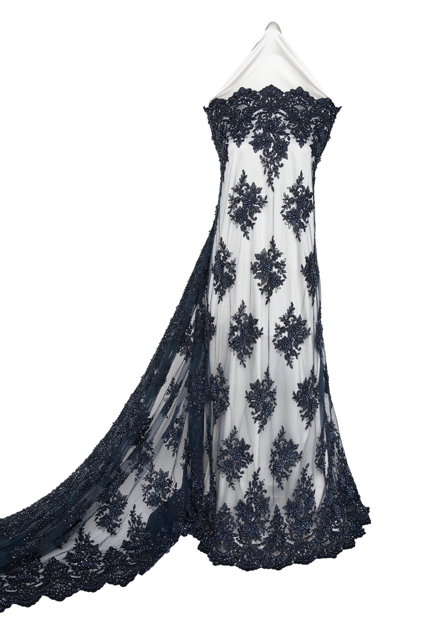 TULLE WITH EMB WITH BEADS AND SEQ 100% POLYESTER 50/52" DARK NAVY FABRIC - Exquisite Fabrics